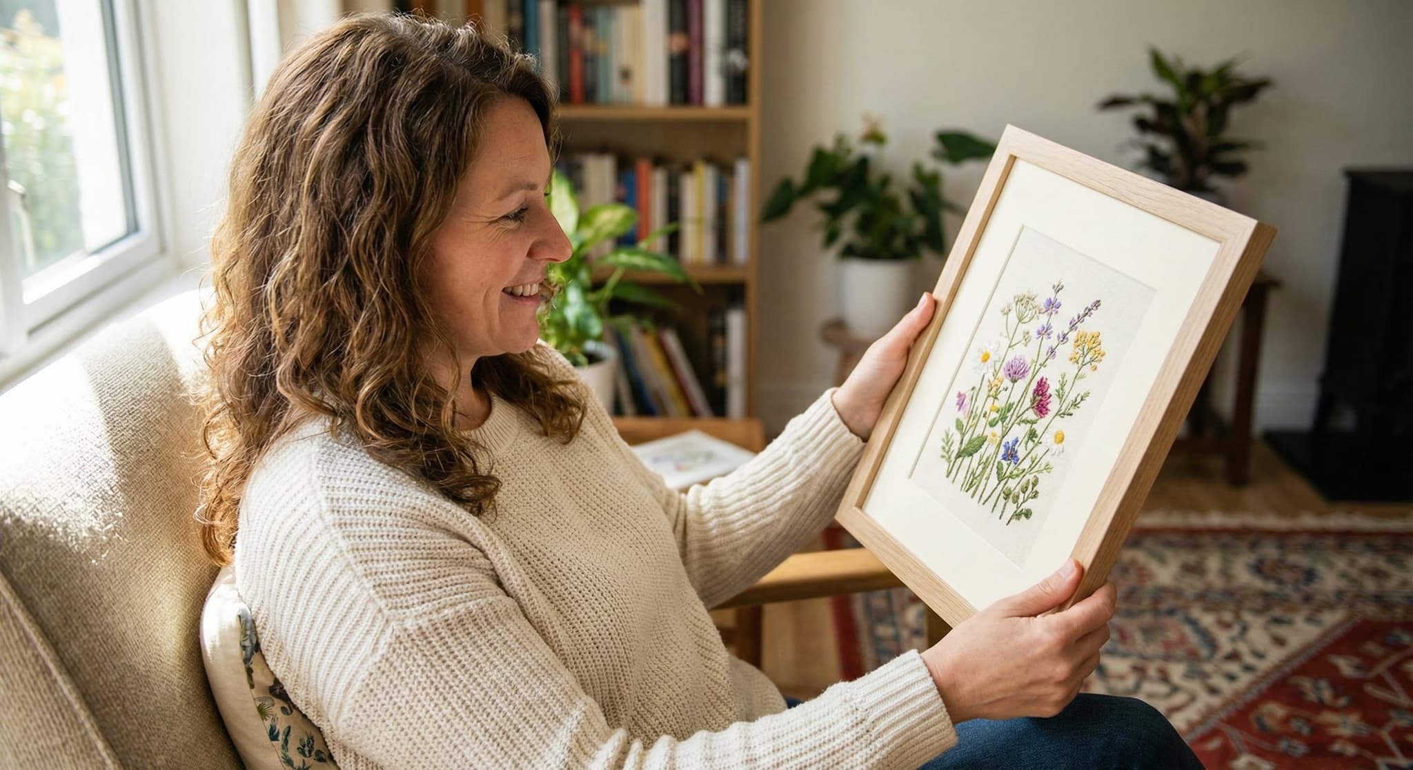 Woman holding framed wildflower embroidery in natural wood frame