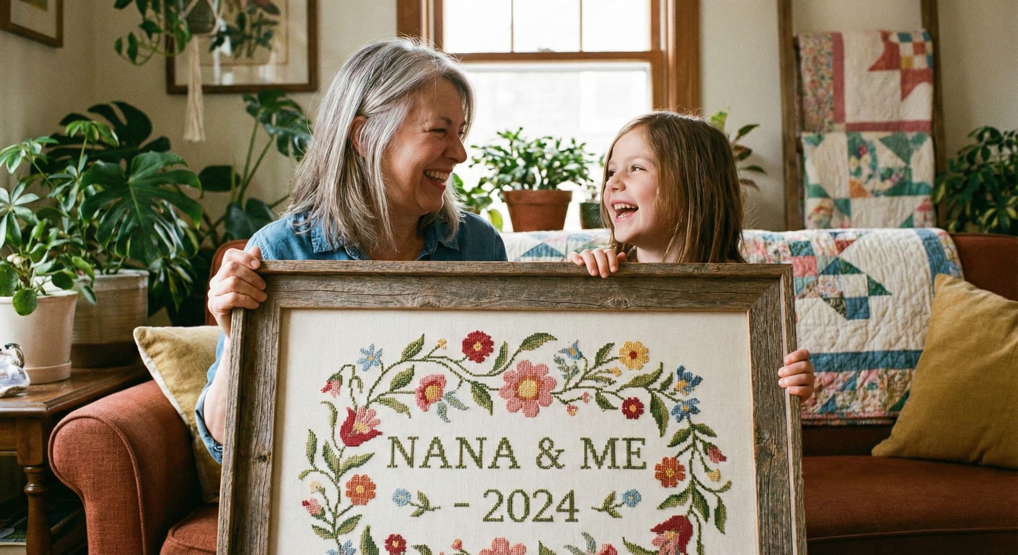 Grandmother and child with framed Nana & Me embroidery in rustic frame