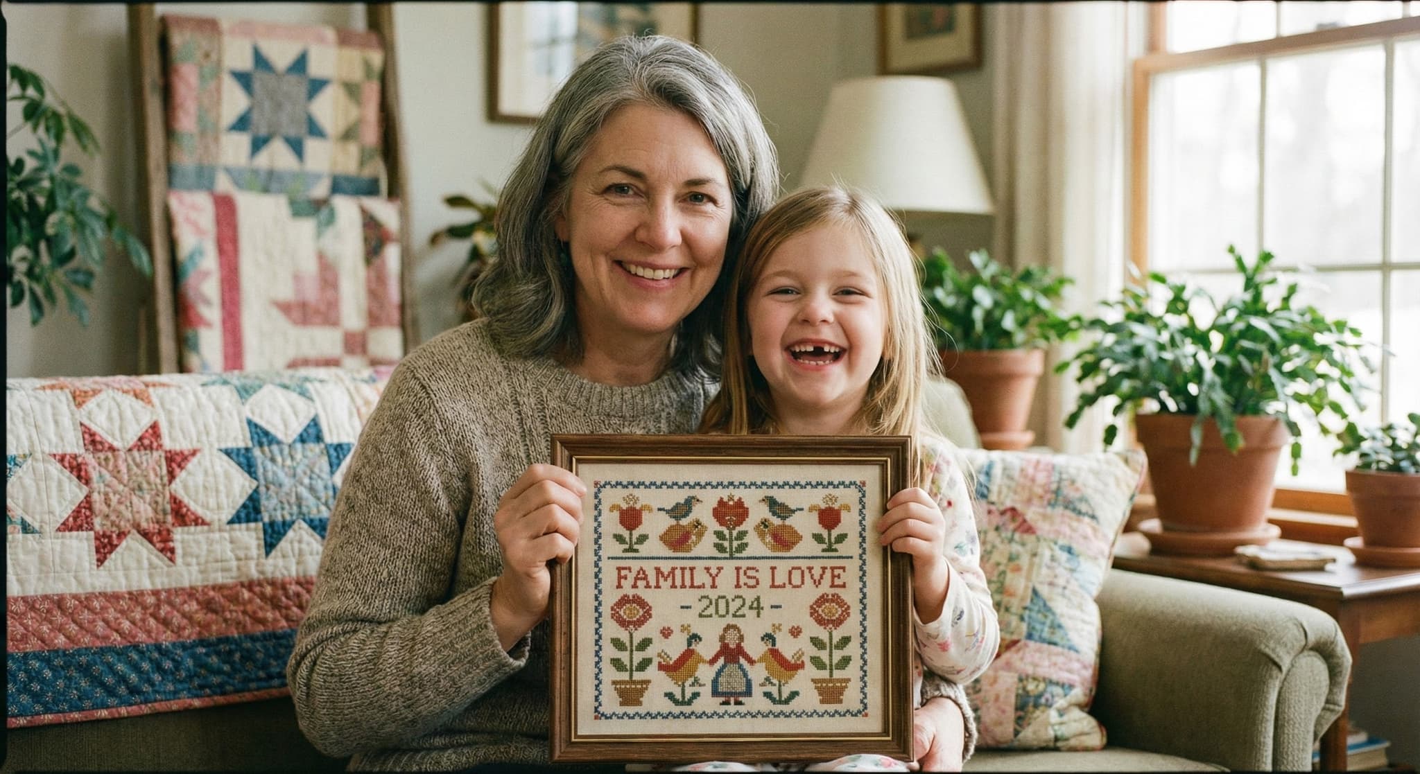 Grandmother and child laughing with framed Family Is Love sampler