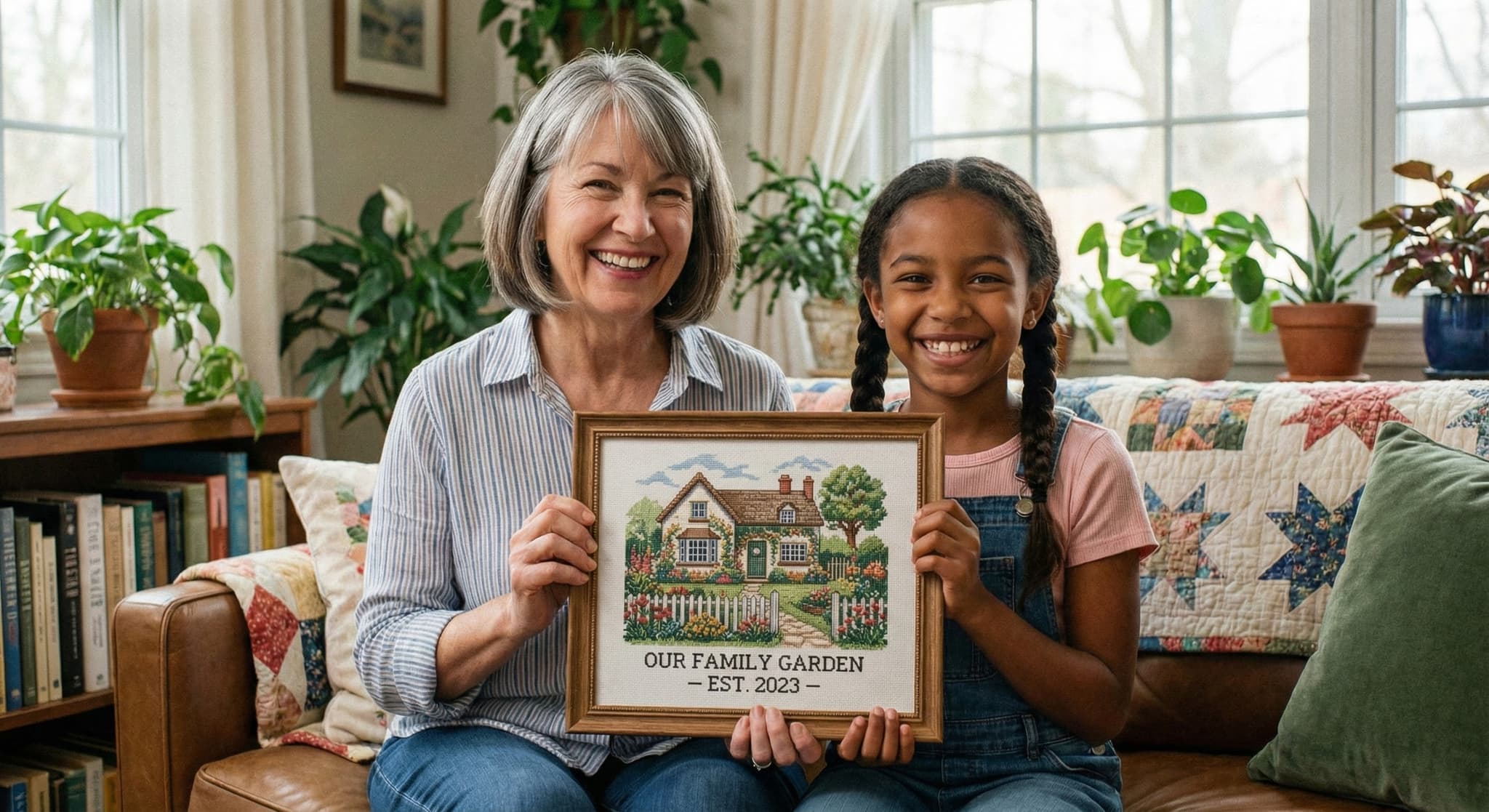 Grandmother and granddaughter with framed Our Family Garden cross-stitch