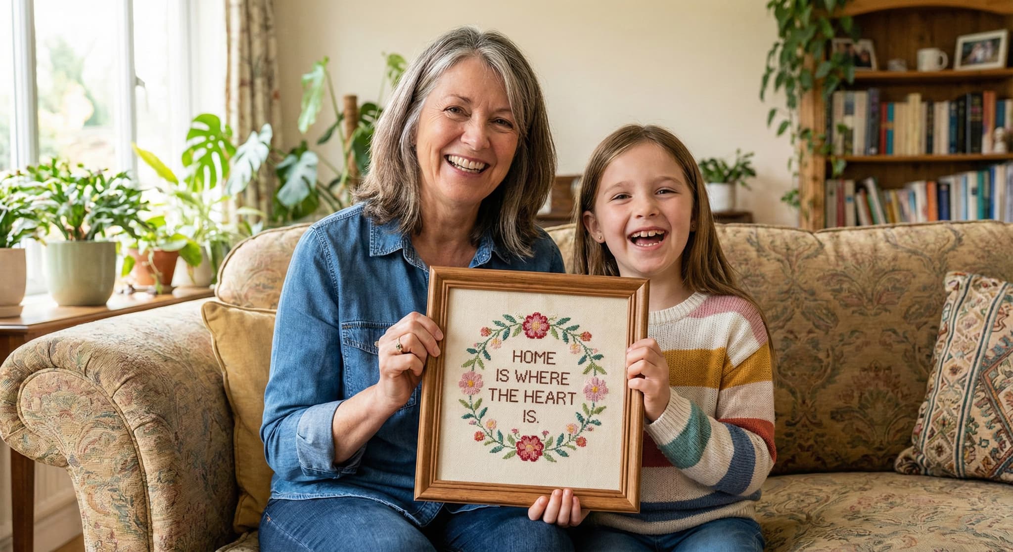 Mother and child on couch with framed Home Is Where The Heart Is cross-stitch