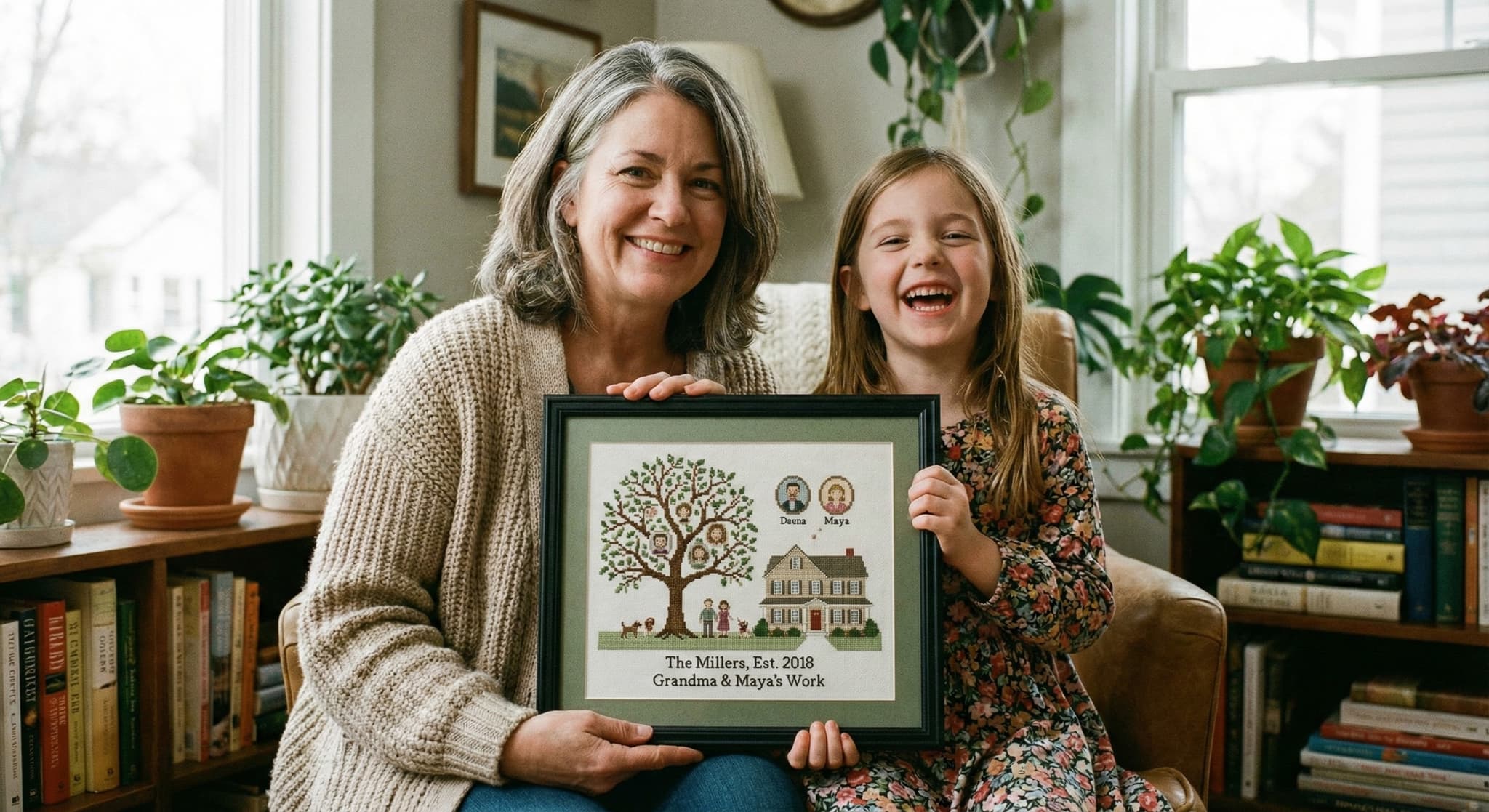 Grandmother and child with framed family tree embroidery featuring names