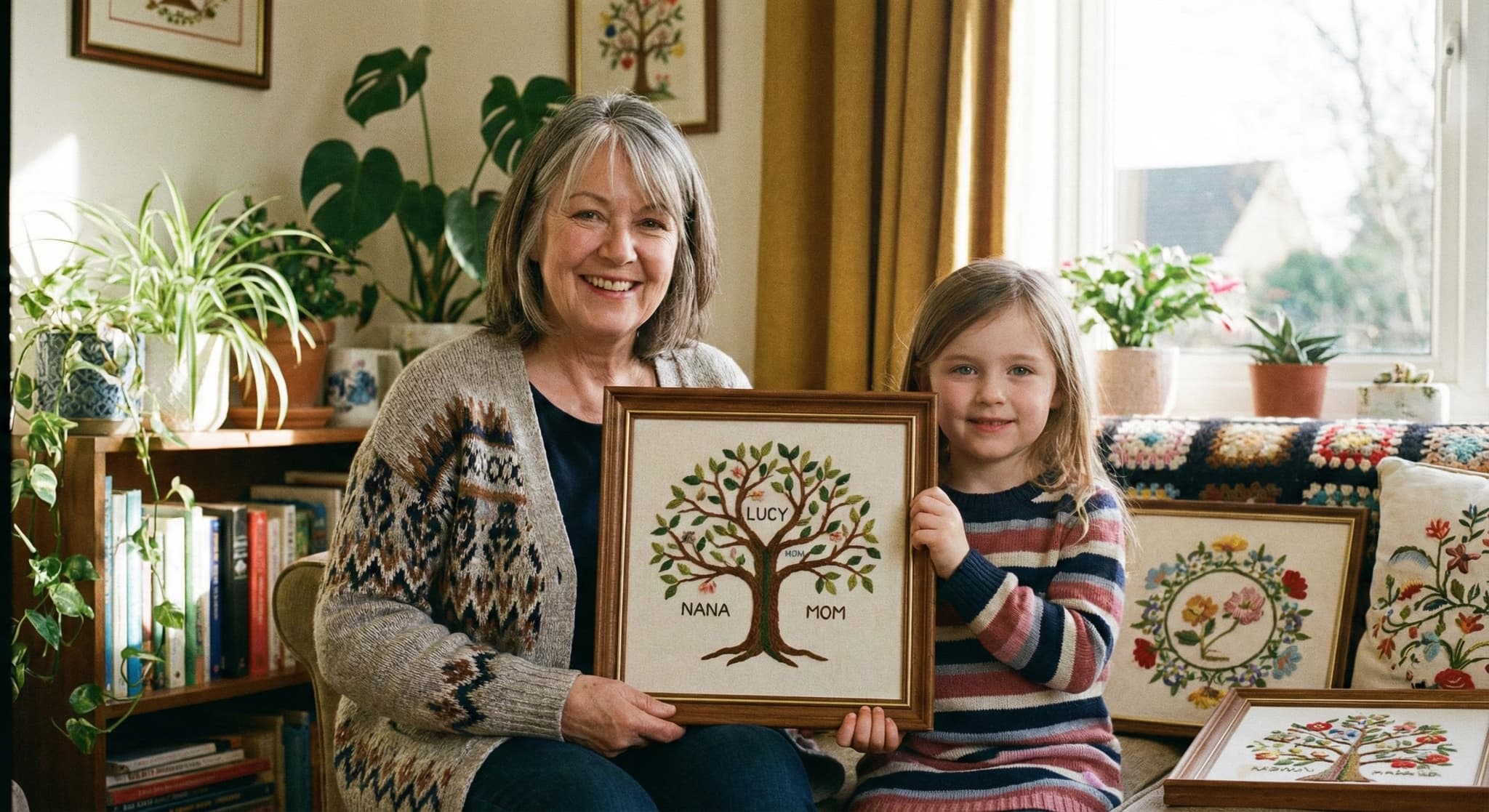 Grandmother and child holding framed family tree needlework with Lucy, Nana, Mom
