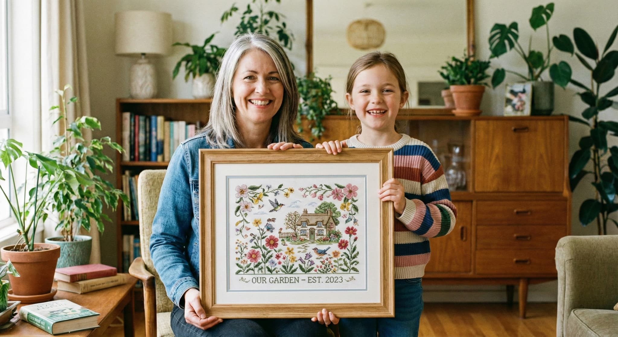 Mother and daughter with large framed garden cottage embroidery