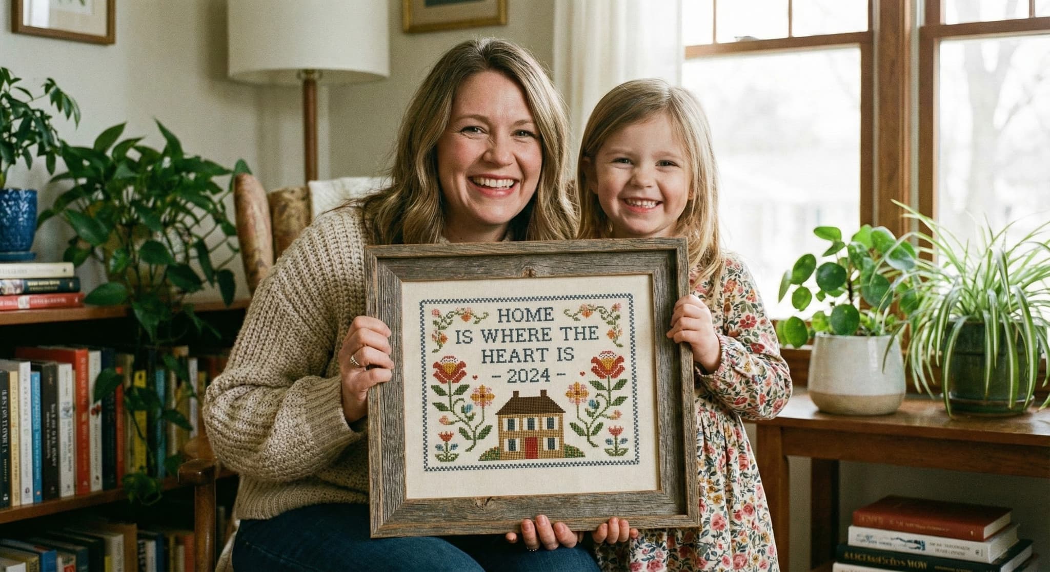 Mother and child with framed Home Is Where The Heart Is 2024 sampler