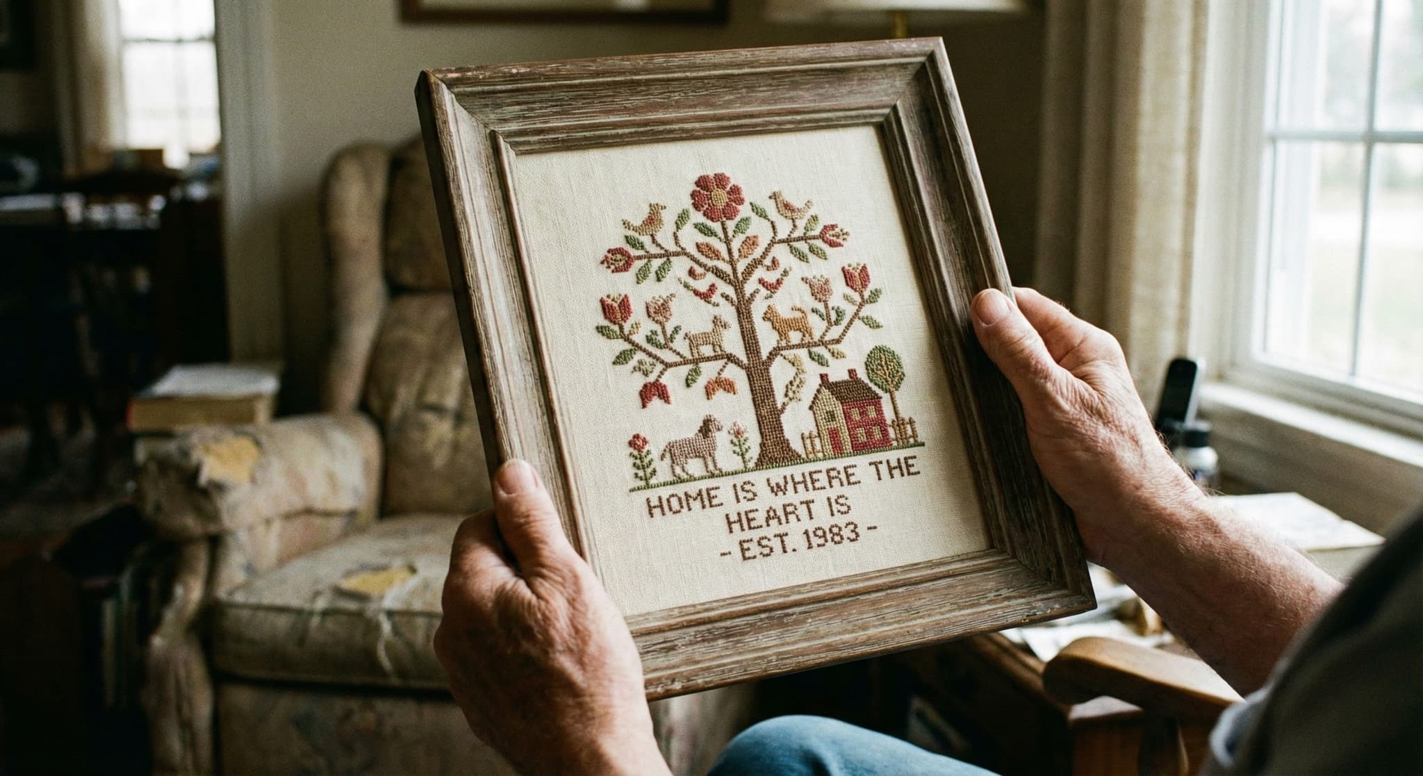 Man holding framed vintage sampler with tree of life and animals