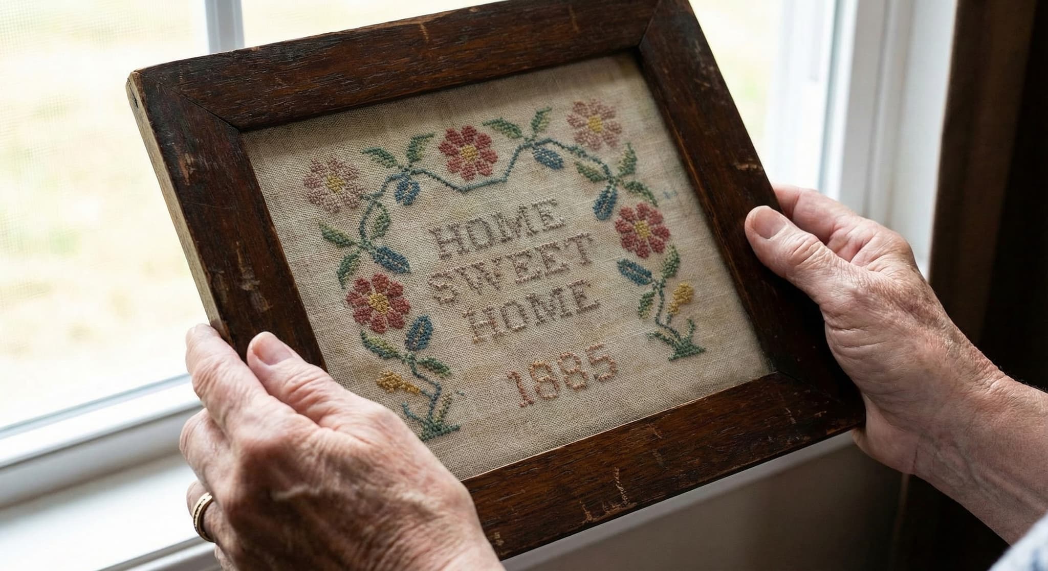 Hands holding antique framed Home Sweet Home sampler by window
