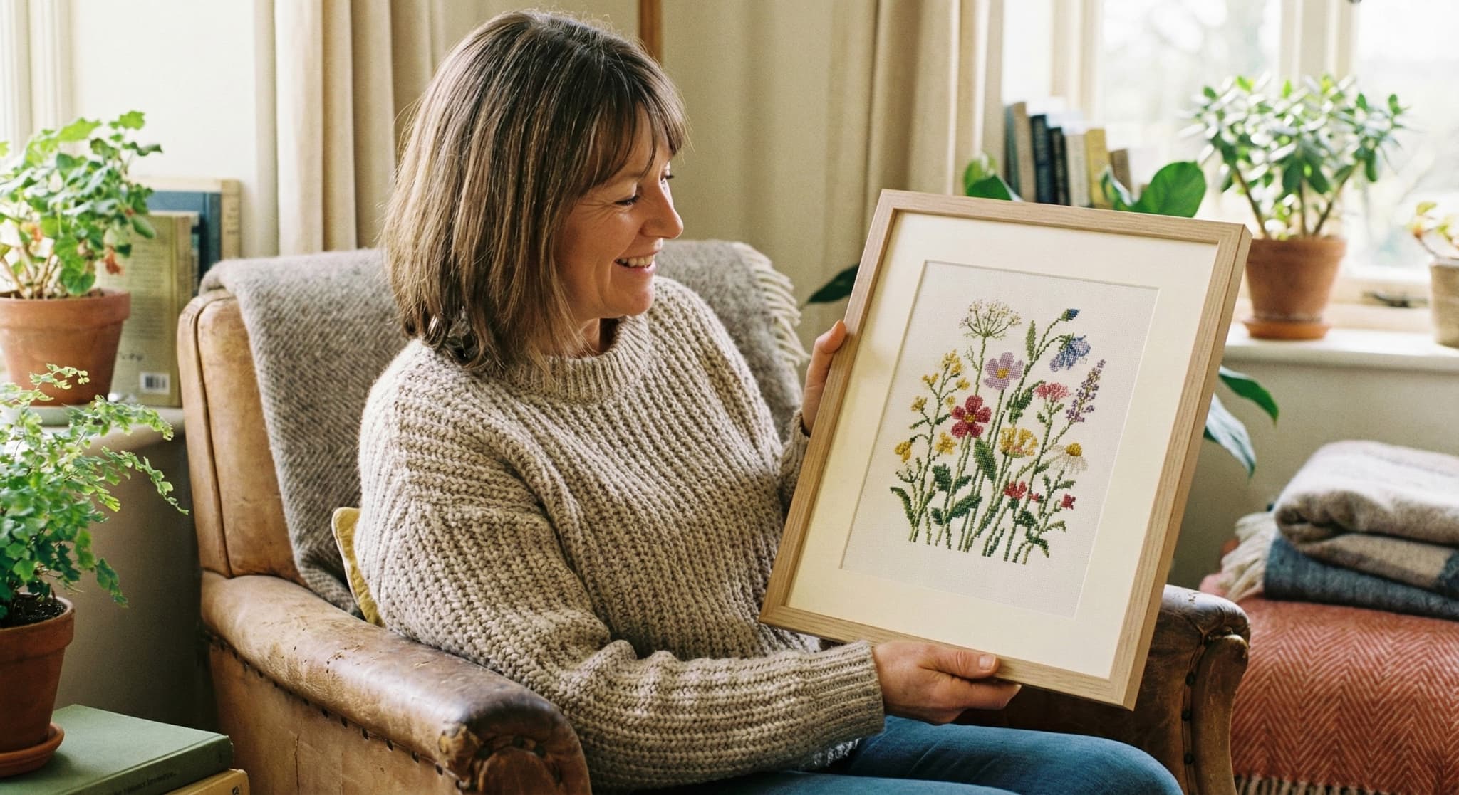 Woman in sweater with framed botanical cross-stitch featuring spring flowers
