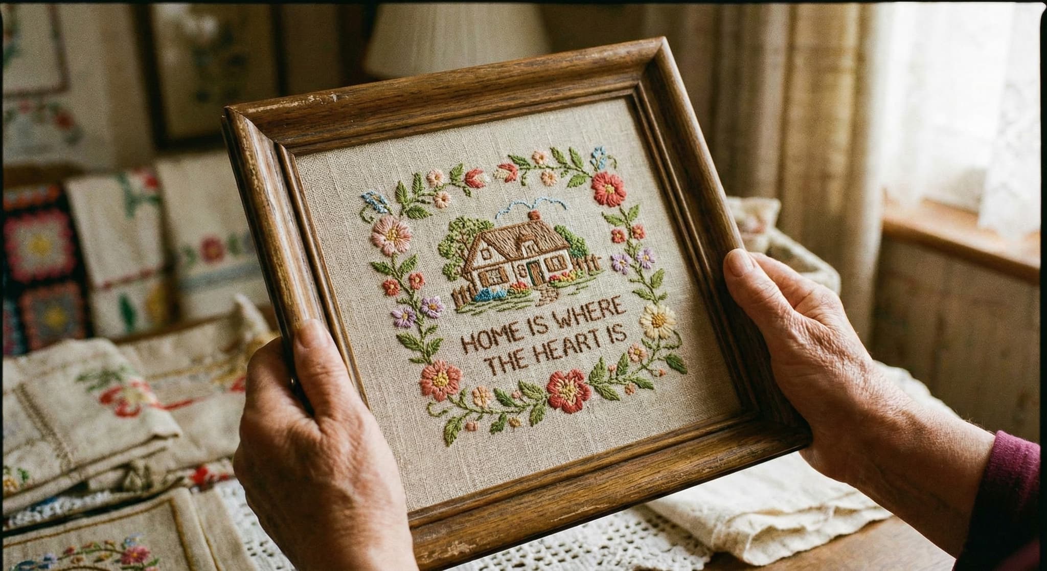 Elderly hands with framed cottage cross-stitch on lace tablecloth