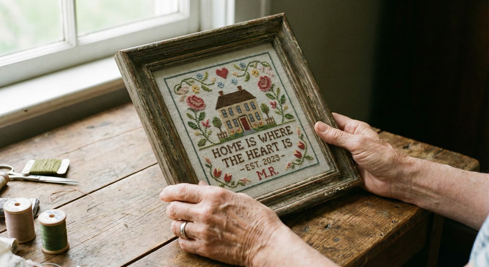 Hands holding framed Home Is Where The Heart Is sampler on wooden workbench