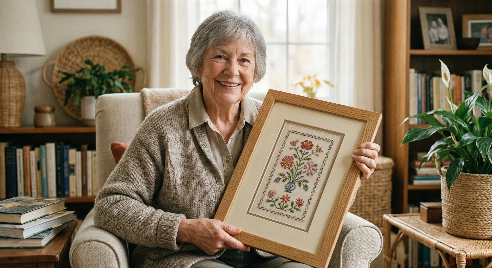 Senior woman holding framed floral sampler in traditional oak frame
