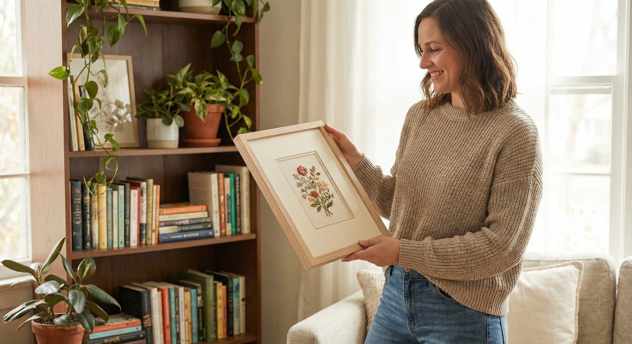 Woman standing with framed botanical embroidery near bookshelf