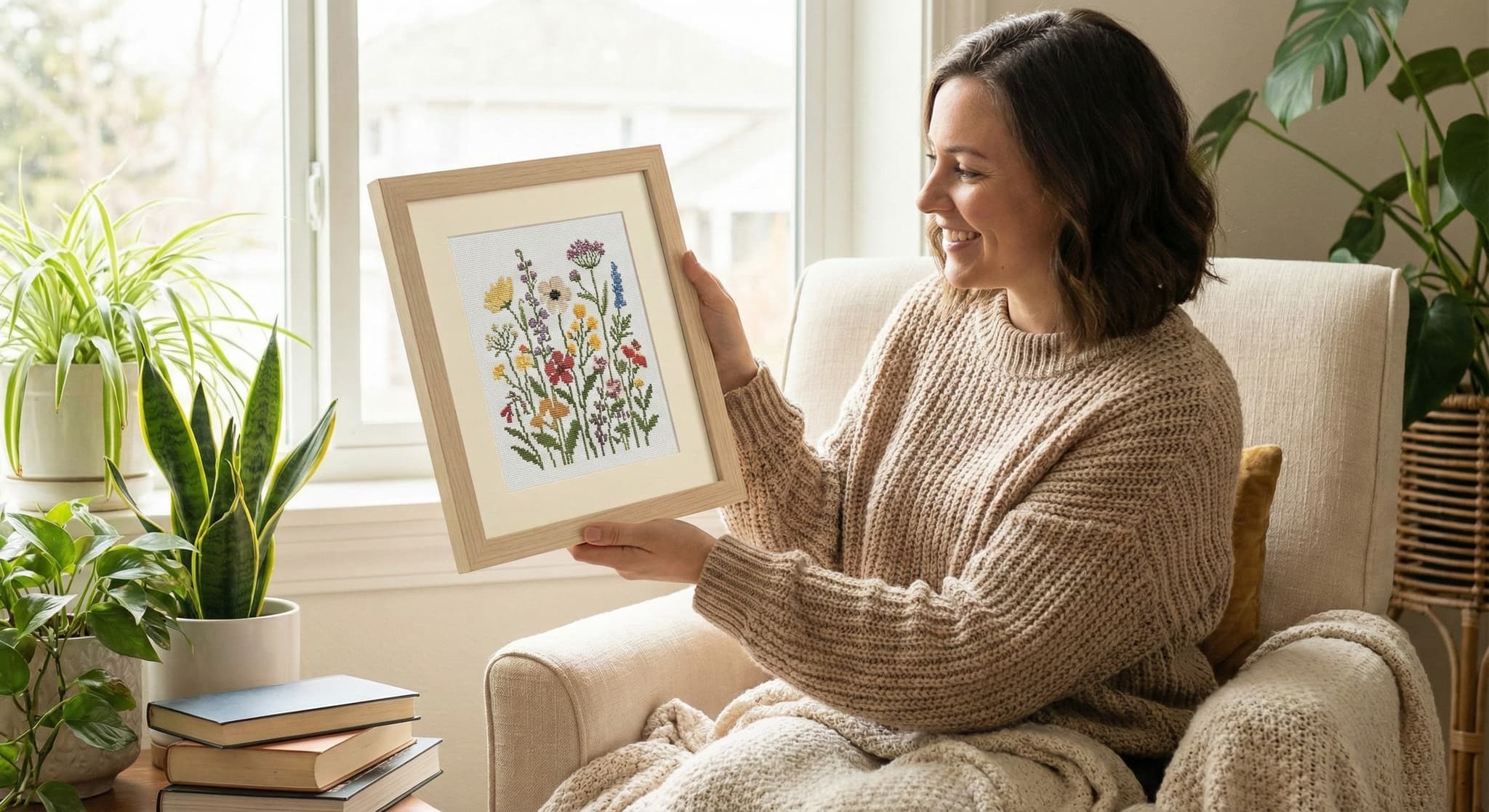 Woman in cozy sweater admiring framed wildflower garden cross-stitch