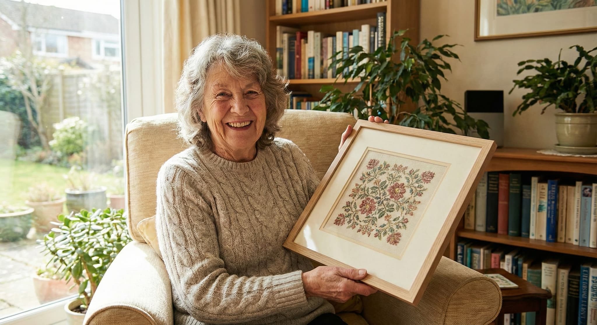 Senior woman smiling with framed floral rose cross-stitch in sunlit room