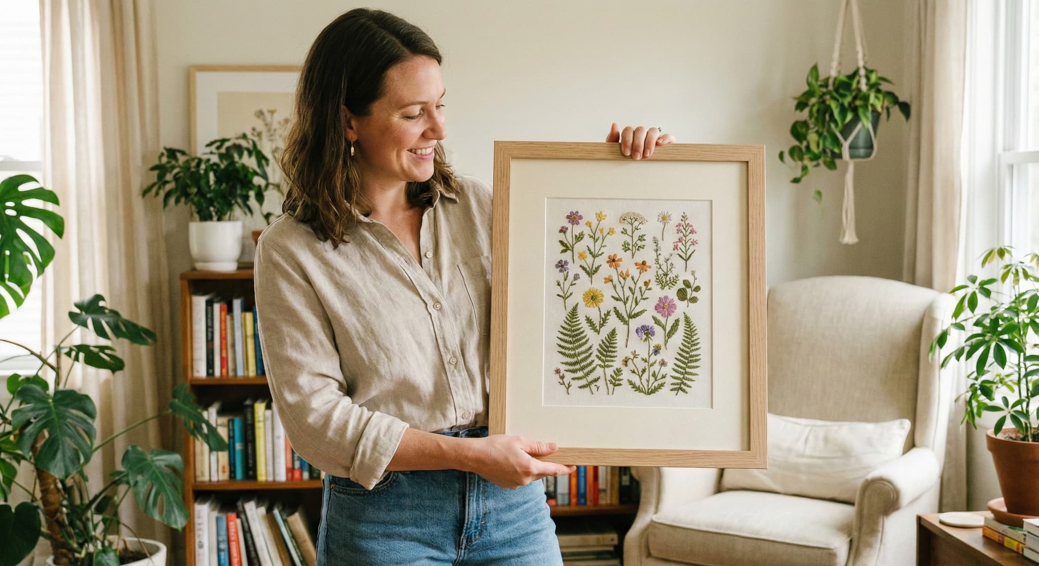 Woman holding framed botanical fern embroidery with plants in background