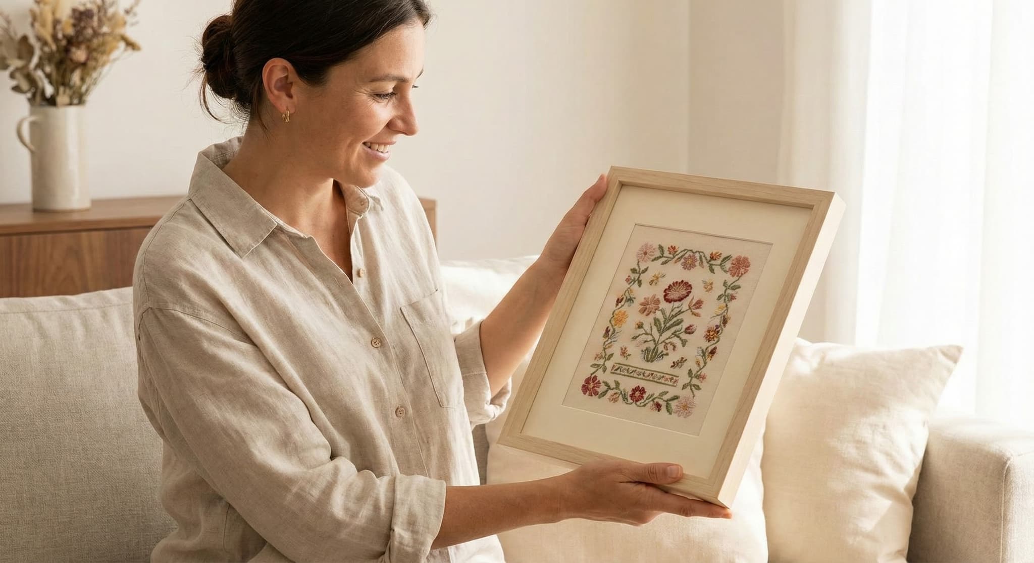 Woman in linen blouse with framed floral cross-stitch in minimalist setting