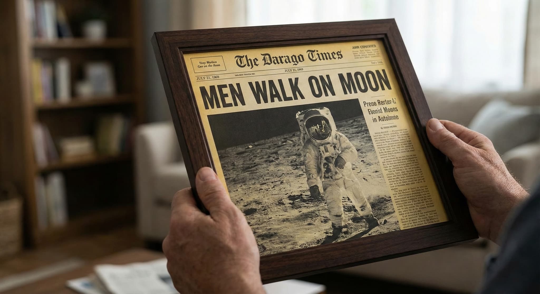 Framed full newspaper on a wall