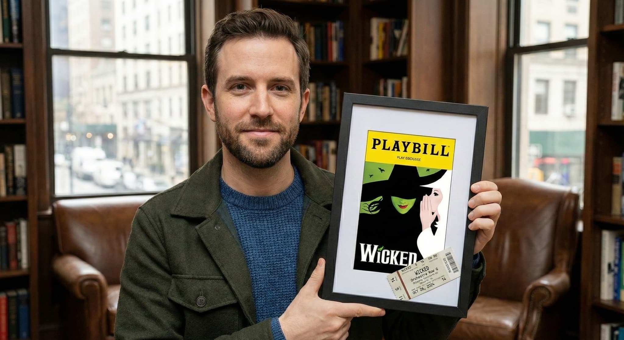 Framed Broadway playbill styled on a wall