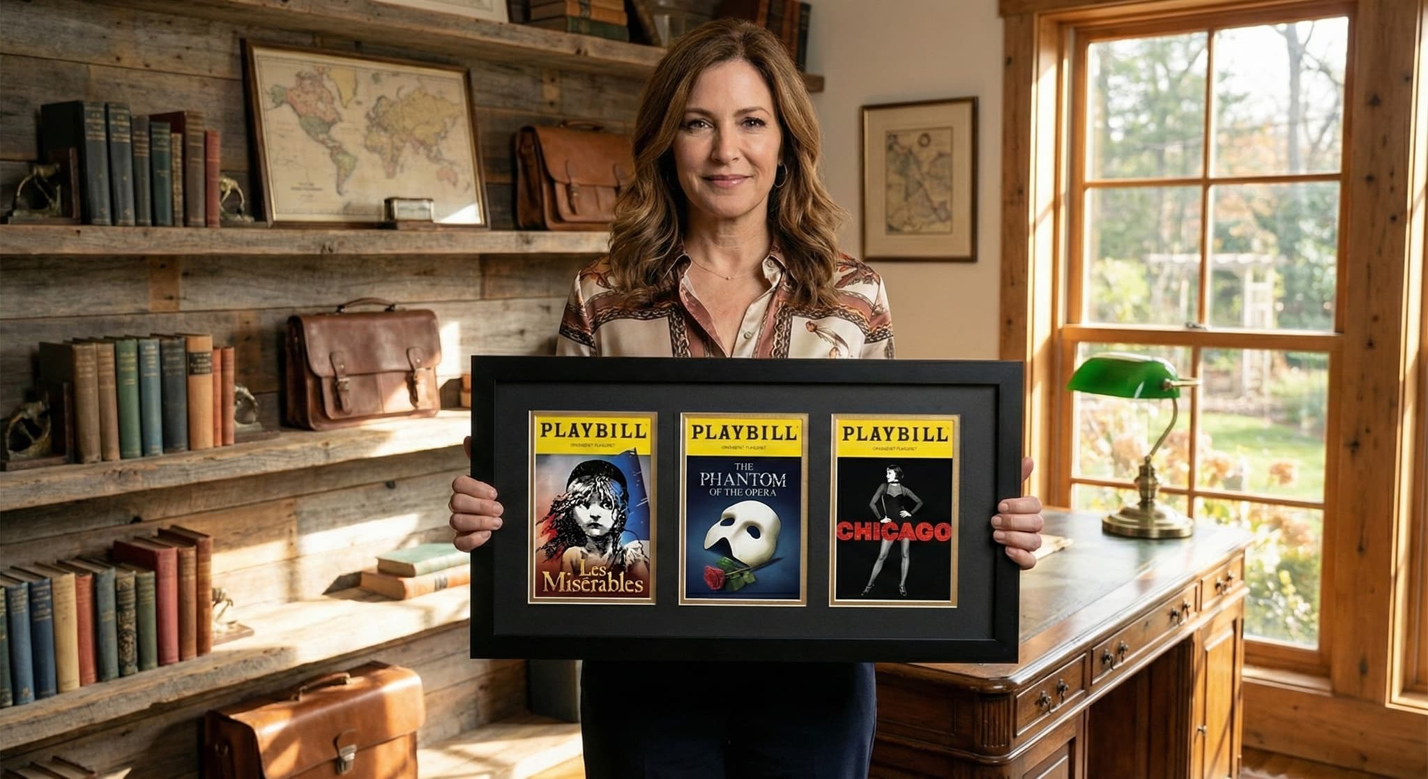 Framed Broadway playbill styled on a wall