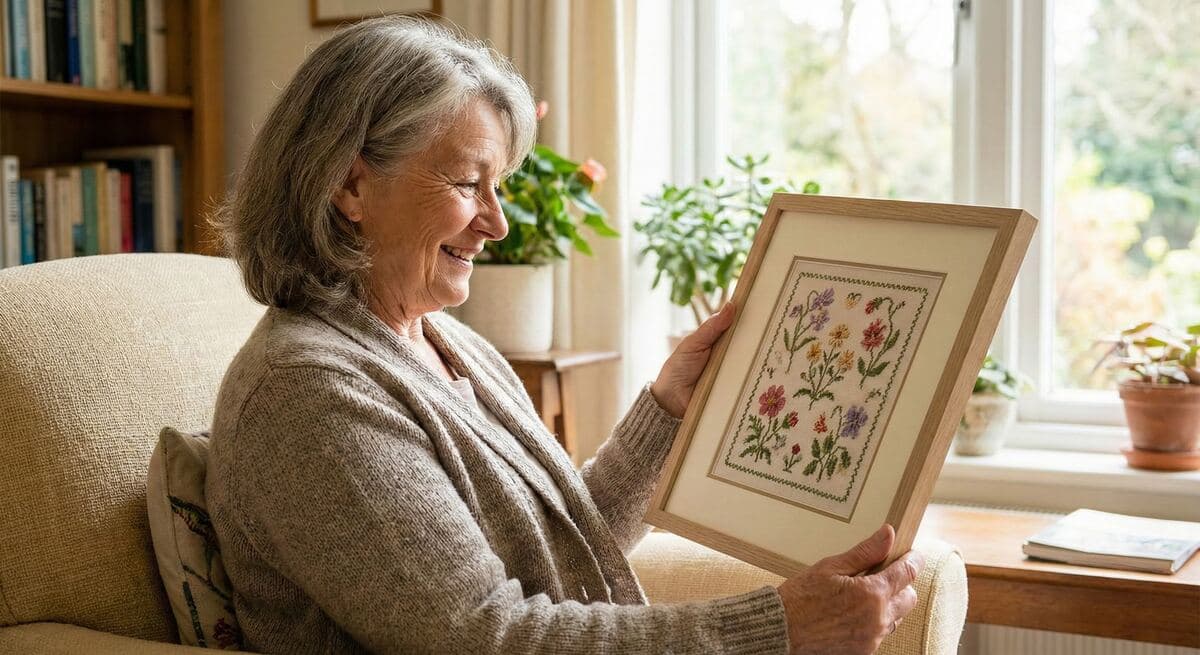 Needlework Frames. Cross-stitch, embroidery, and crewel work with acid-free mat and optional stretching service.