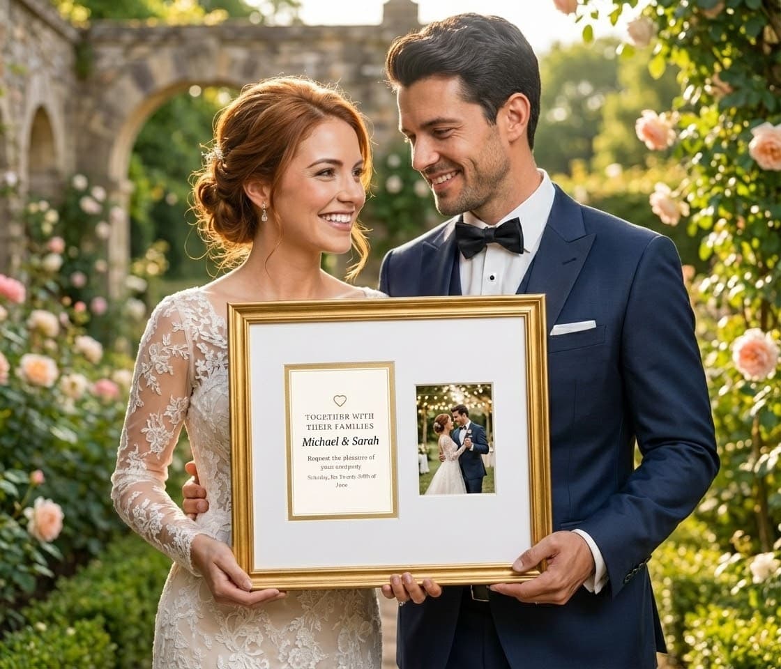 Couple holding framed wedding invitation with photo in garden setting, oak frame with white mat