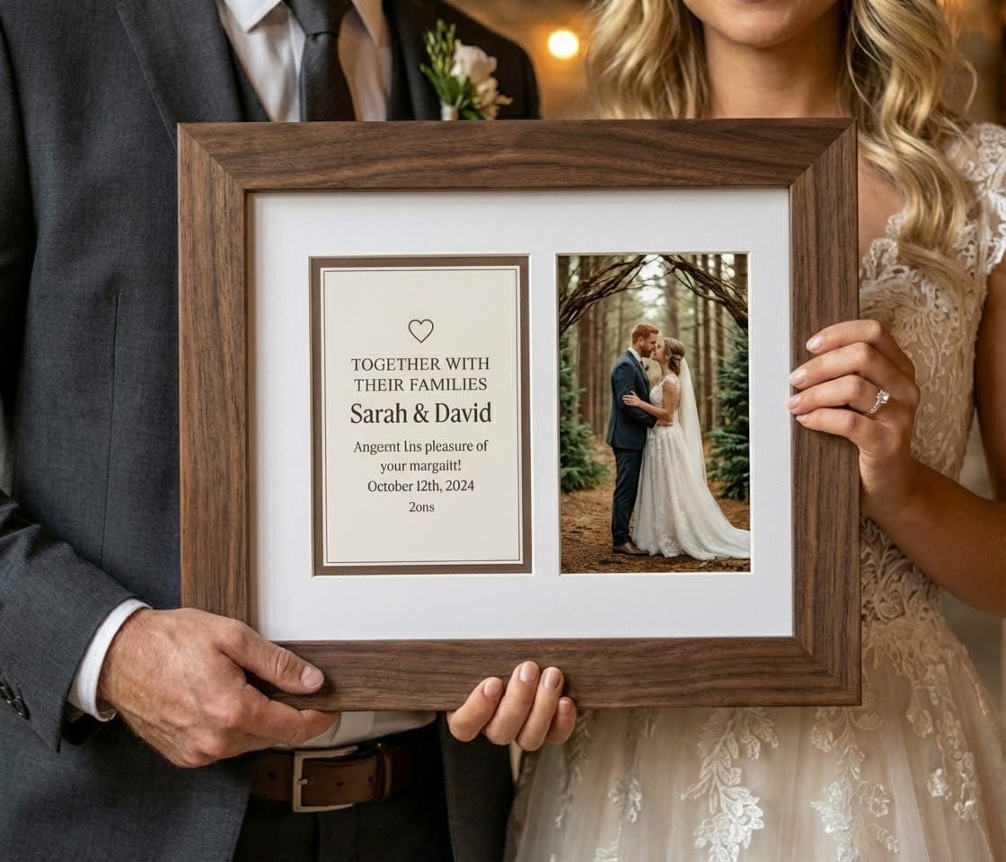 Couple outdoors with rustic wood framed wedding invitation and RSVP card