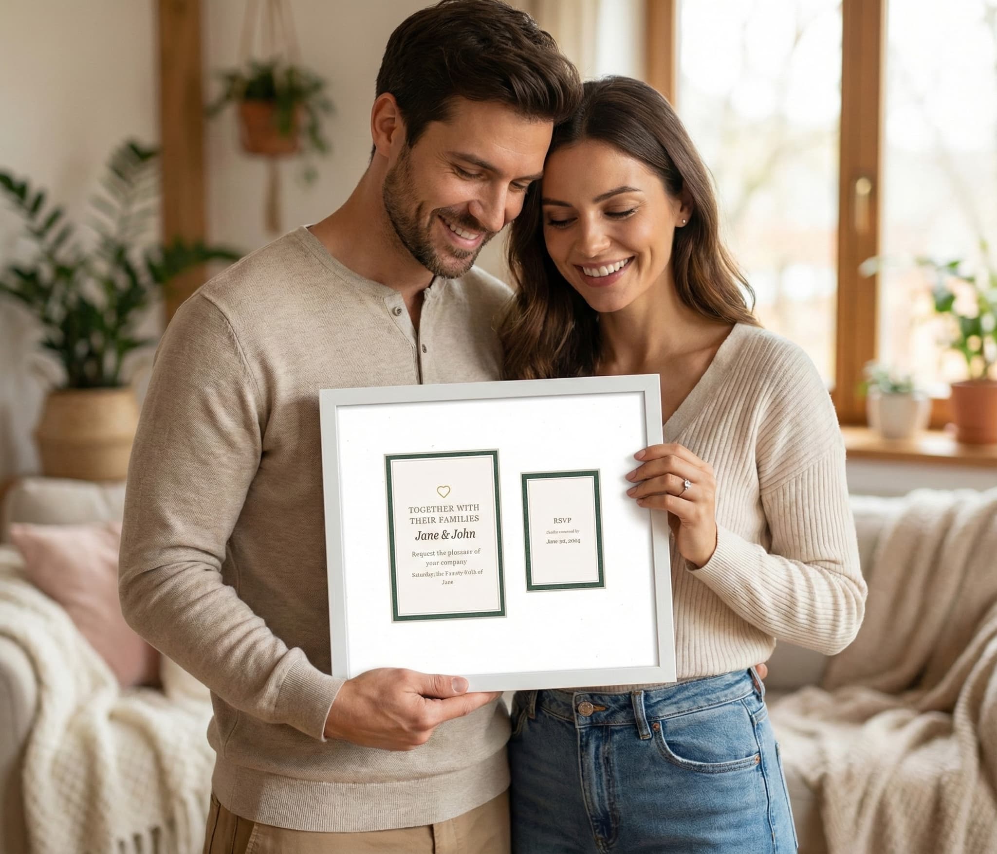 Couple in cozy living room displaying oak framed invitation with RSVP, warm lighting
