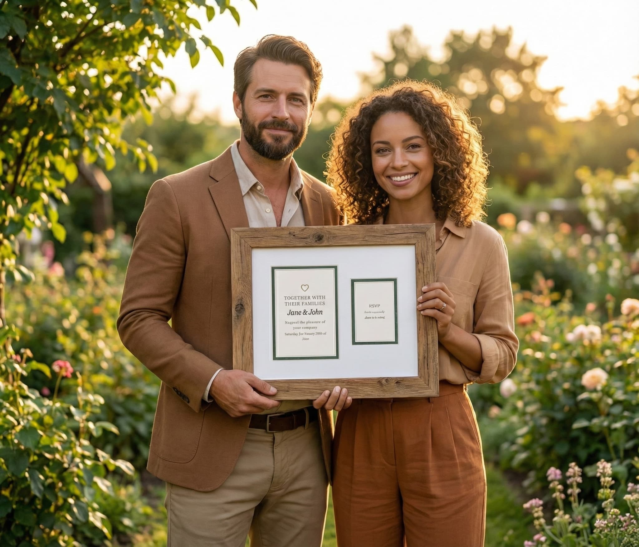 Couple in living room with oak framed invitation and RSVP card, casual setting