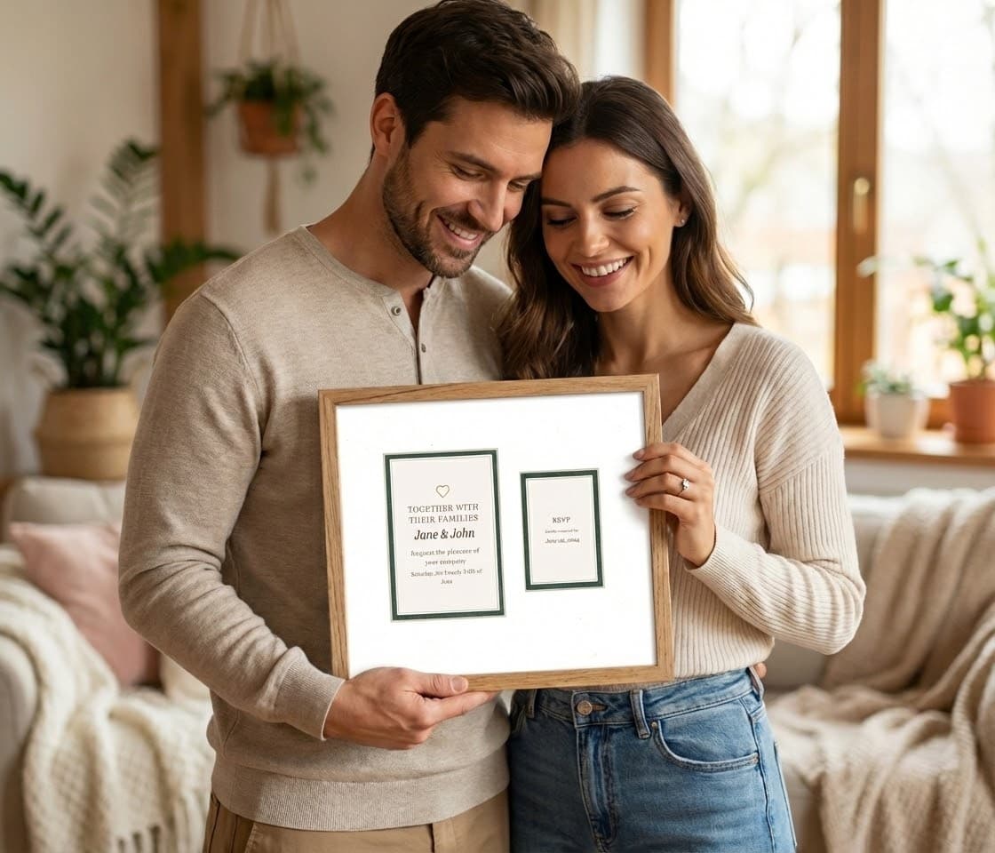 Bride and groom in vineyard holding rustic framed invitation with wedding photo