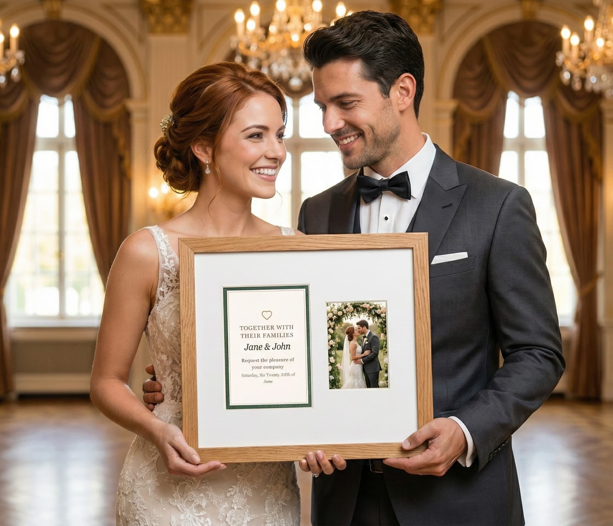 Same vineyard photo, couple with framed invitation in sunset lighting