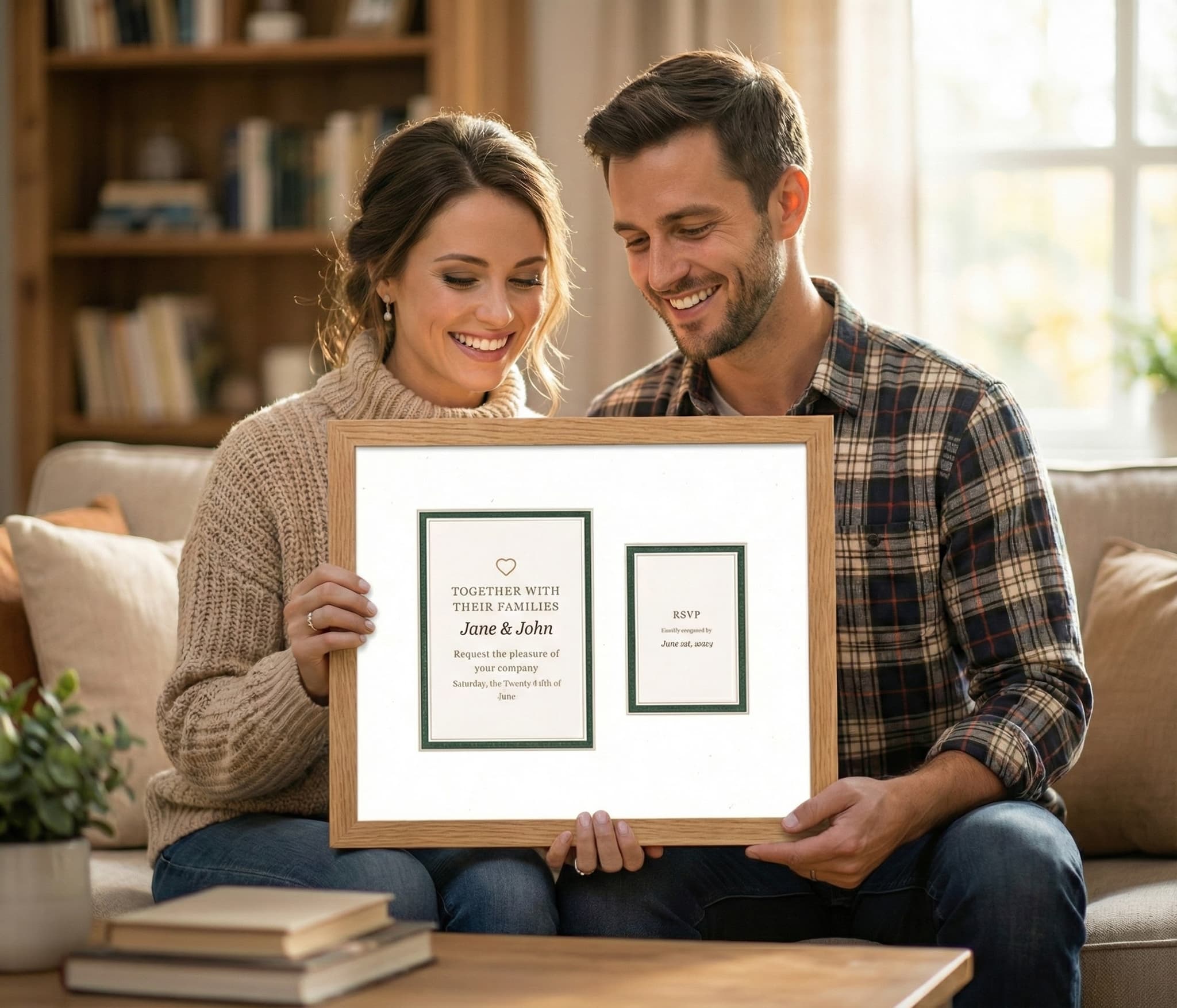 Couple in garden with gold framed invitation and dance photo, roses in background