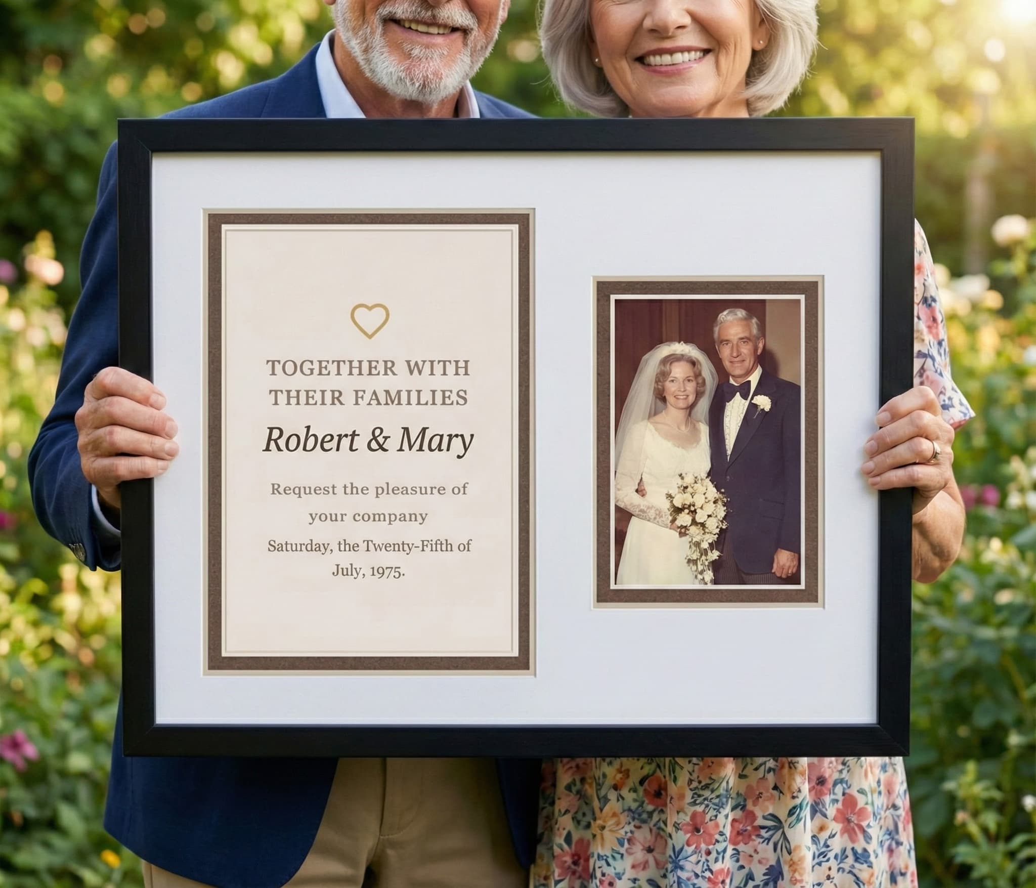 Bride and groom displaying framed invitation with photo in cozy living room, natural wood frame