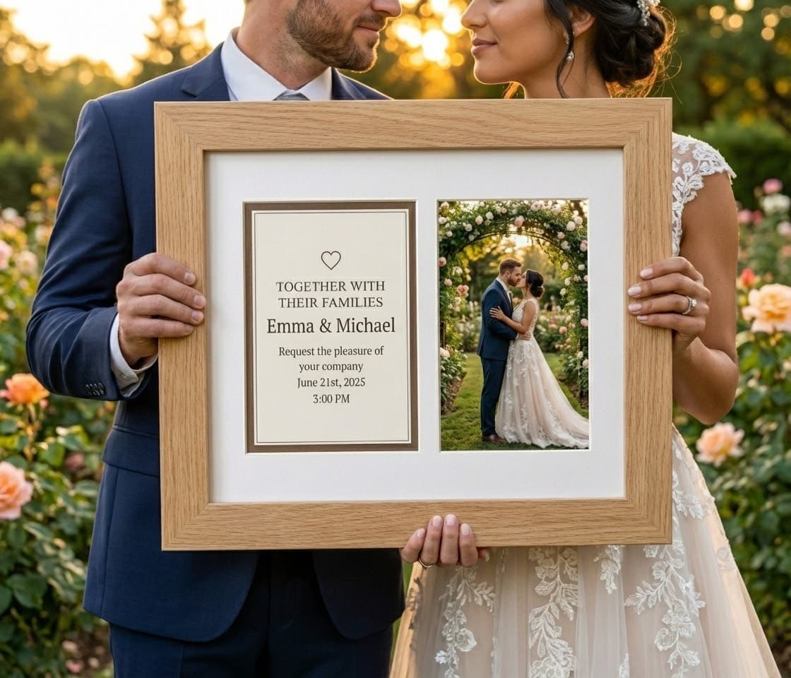 Couple in casual attire holding white framed wedding invitation with RSVP card in modern kitchen