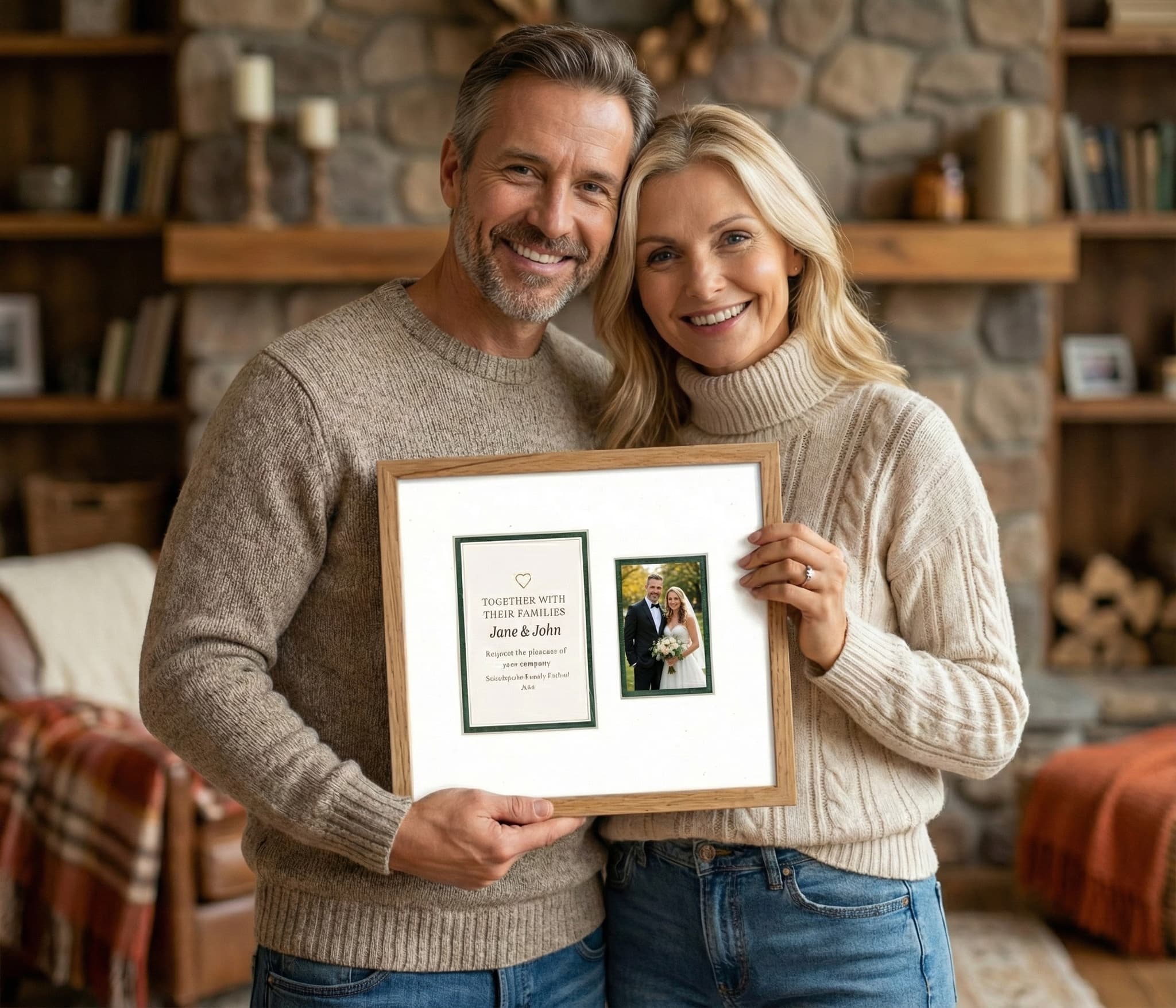 Newlyweds in rustic barn venue with framed wedding invitation and photo, walnut frame