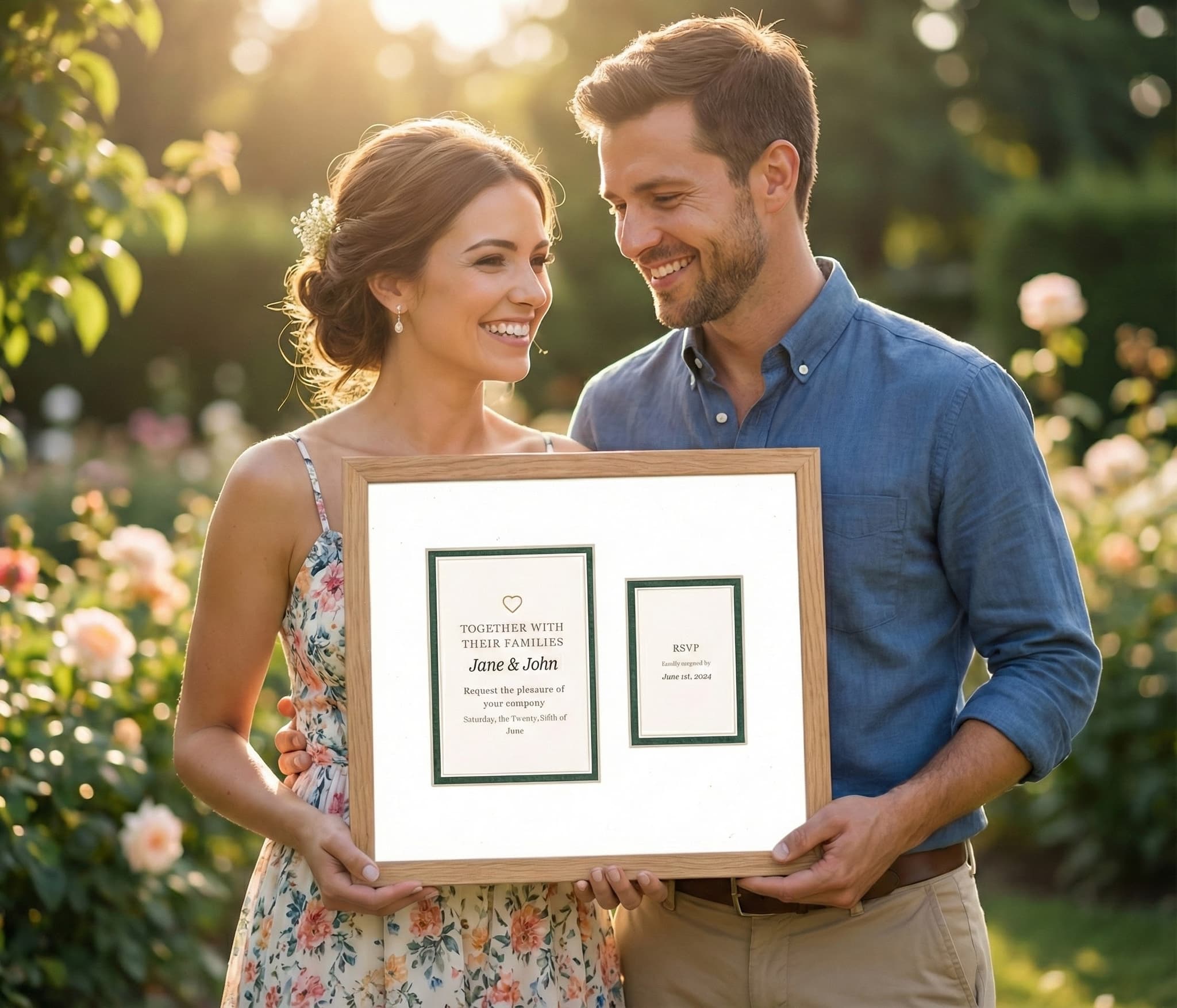 Elegant couple holding ornate framed invitation with vineyard wedding photo