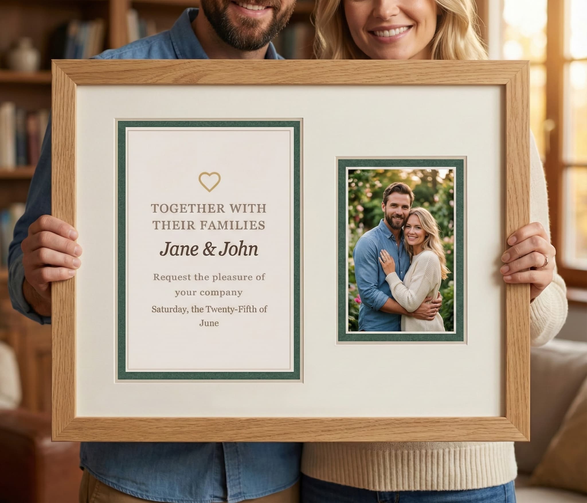 Close-up of framed wedding invitation with photo in dark walnut frame with white mat