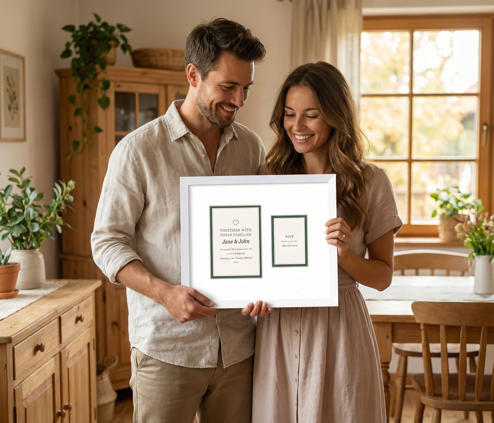 Couple in garden with natural oak framed wedding invitation and engagement photo