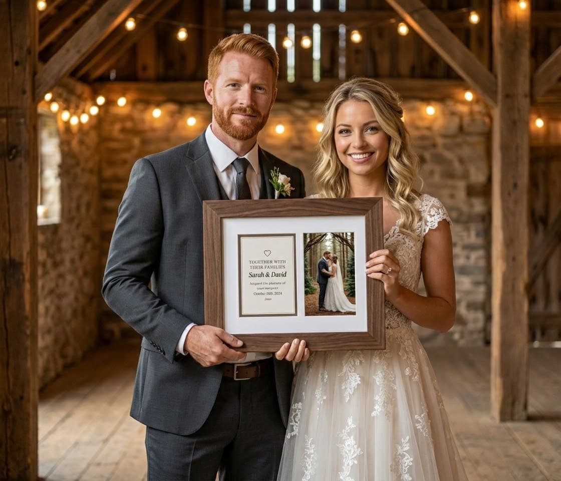 Couple in living room holding white framed wedding invitation set with green accent mat