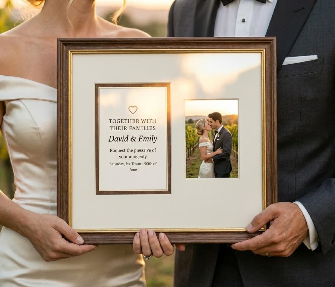 Older couple in modern home with framed invitation and photo in dark wood frame