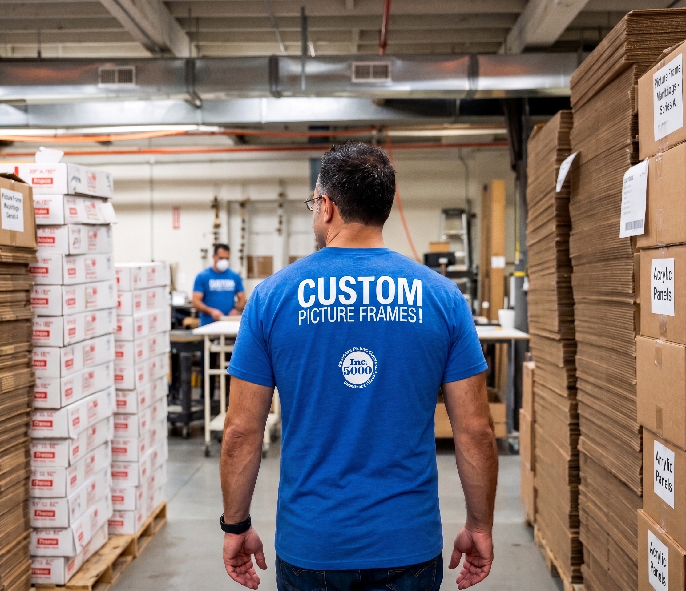 Founder Anthony Fontana walking the warehouse floor between stacks of moulding boxes and acrylic panels