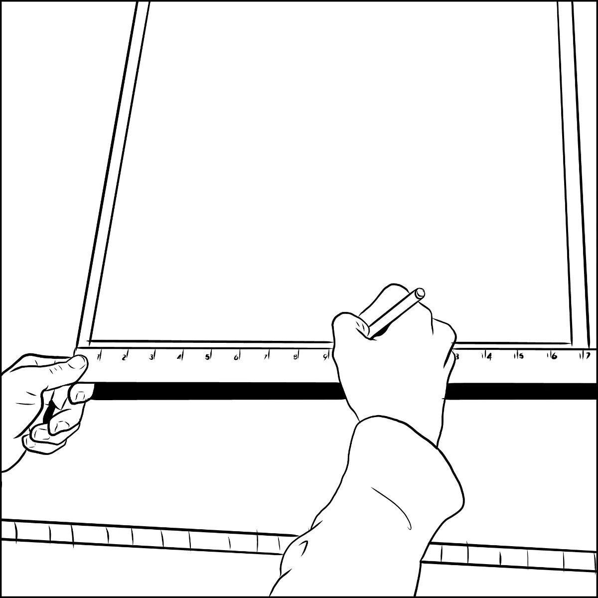 A hand holding a measuring tape across the top rail on the back of a picture frame, finding the center point for the sawtooth hanger.