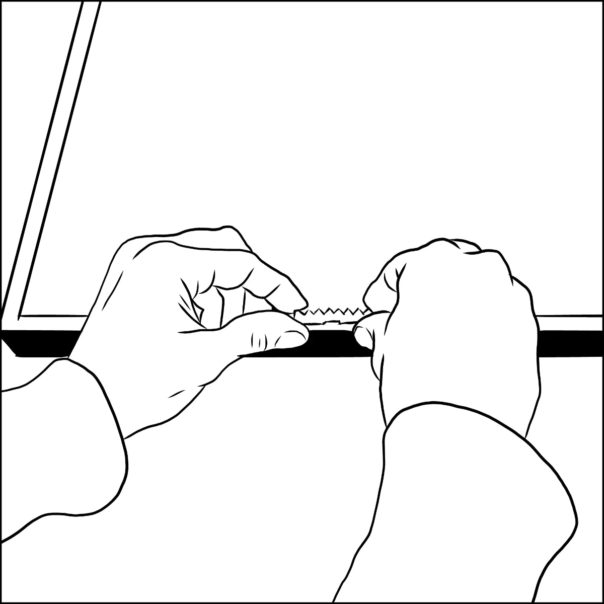 A sawtooth hanger held horizontally against the center of the top rail of a picture frame back, with the teeth oriented downward toward the bottom of the frame.