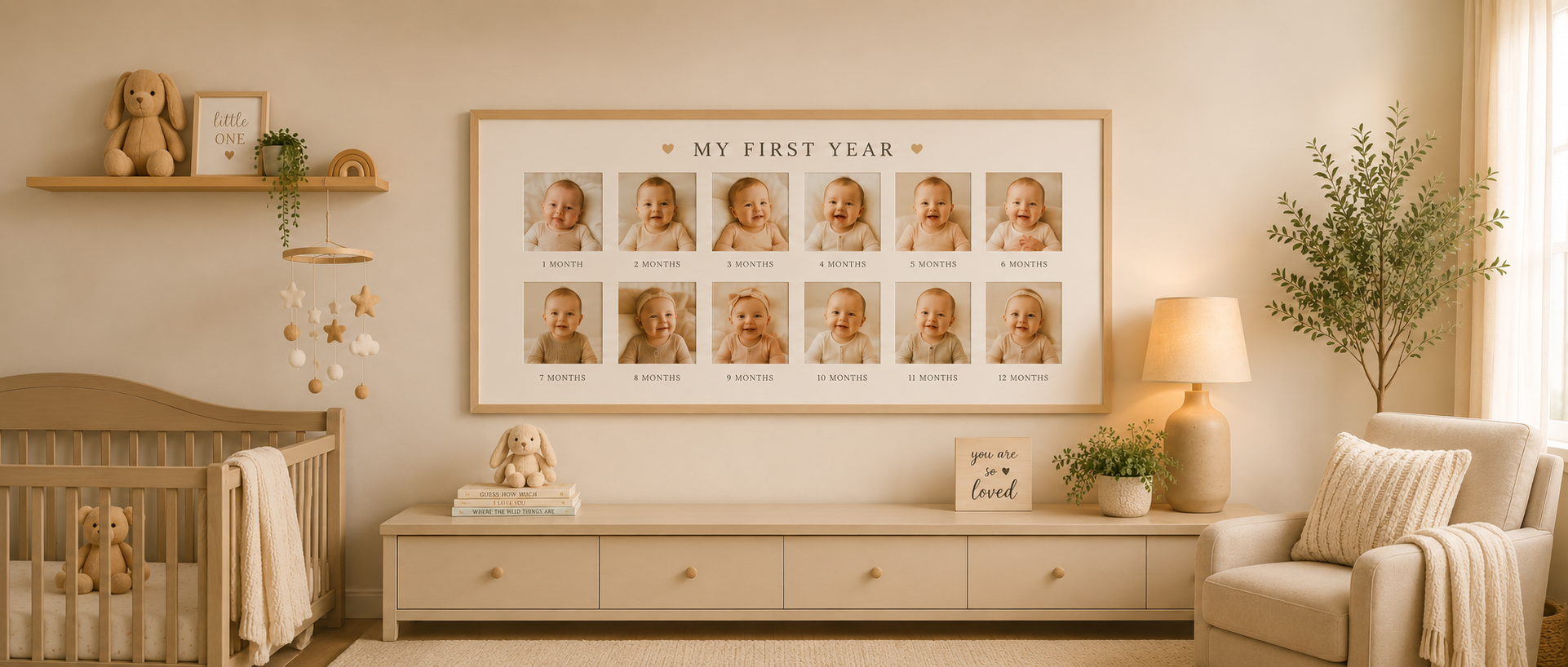 Large 12-opening "My First Year" collage frame in a light wood moulding hung above a nursery dresser, displaying month-by-month baby photos labeled 1 month through 12 months in a warm beige neutral nursery with a crib, plush bunny, and reading chair