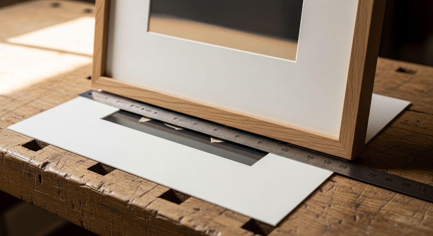 A framed art print on a wood workbench with a ruler measuring the cream mat border, showing a wider weighted bottom border