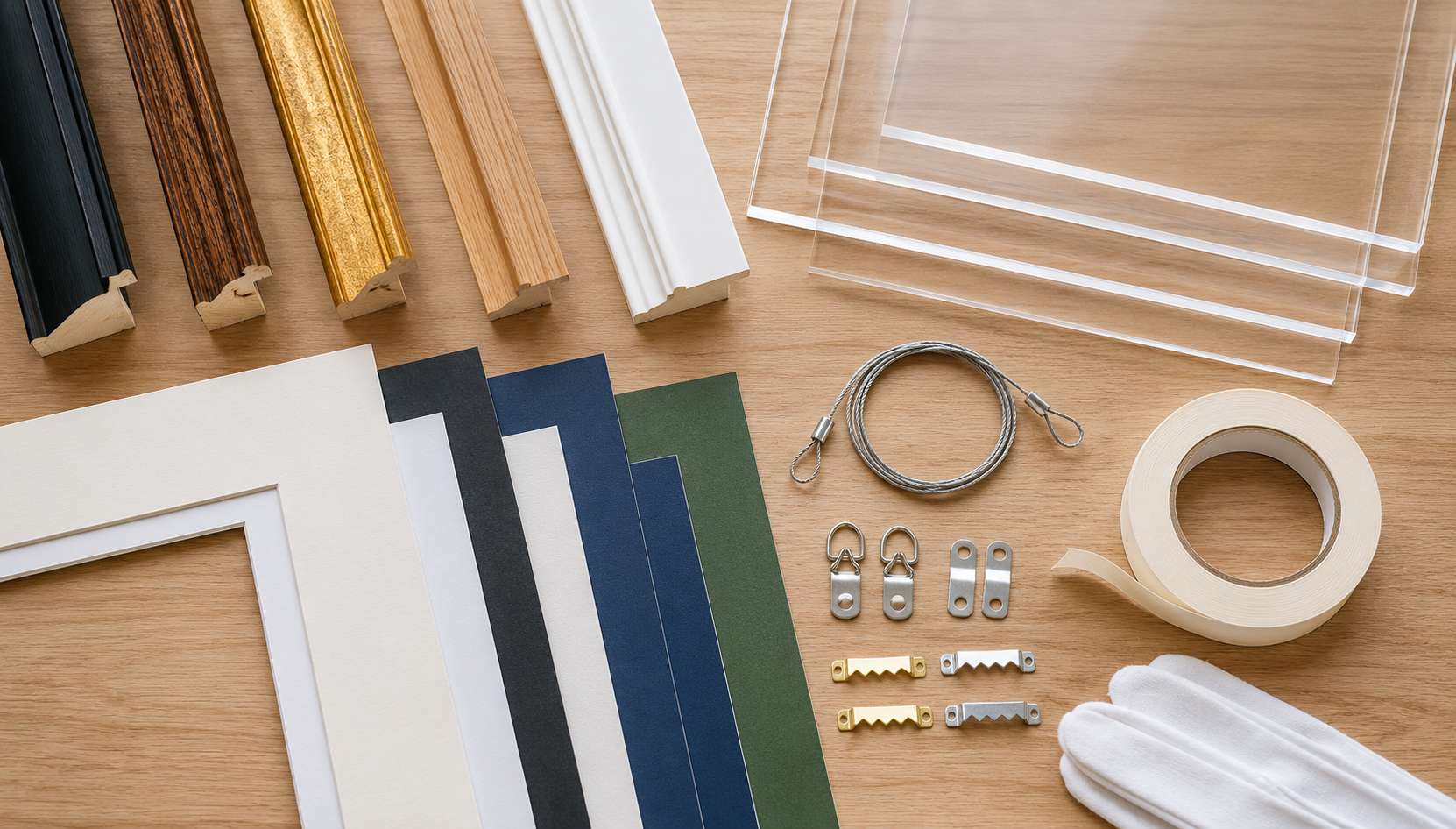 Custom picture frame components laid out flat: solid wood moulding, framer's grade acrylic glazing, acid-free mat board, foam core backing, and hanging hardware