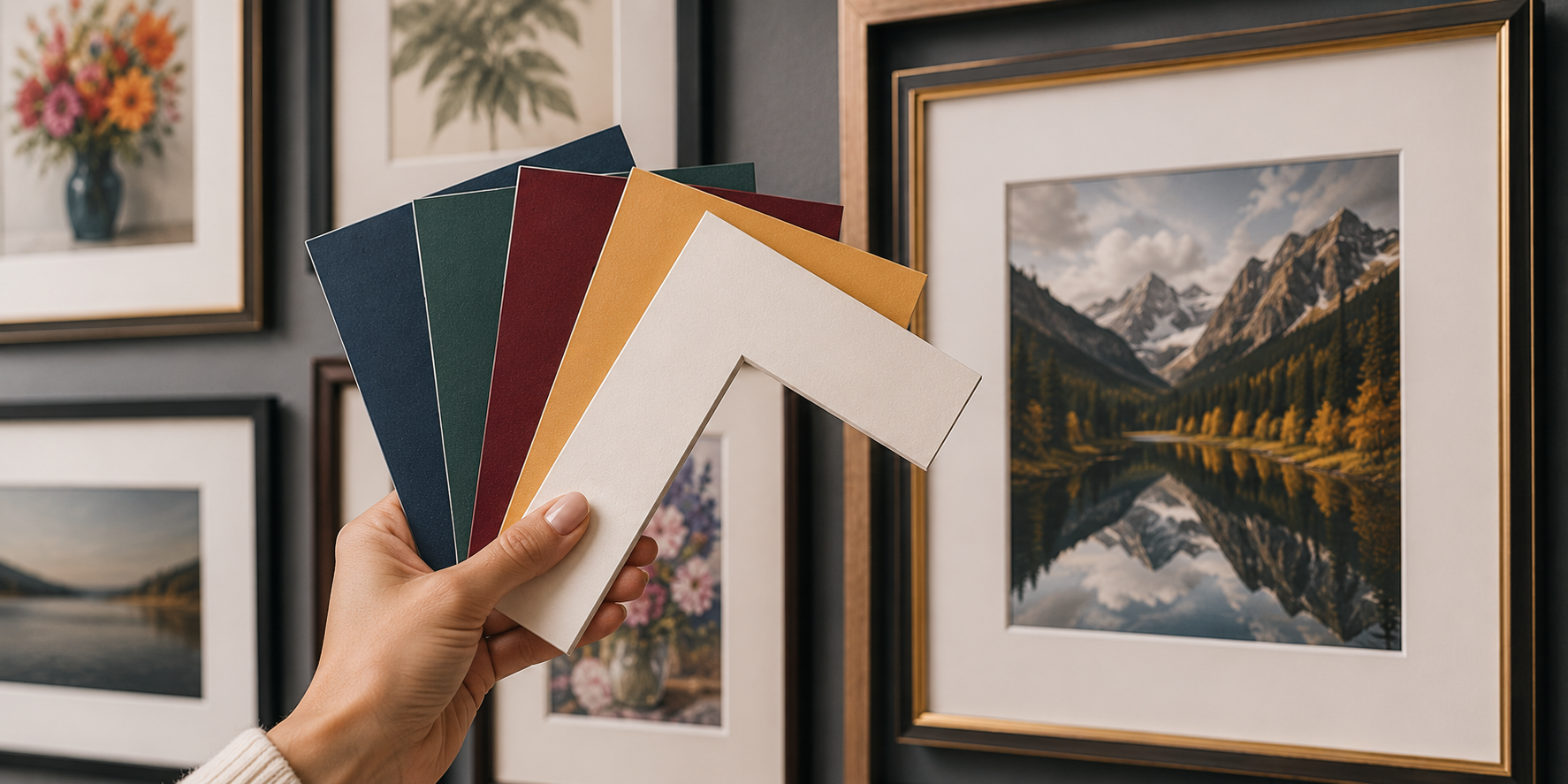 Hand holding a fan of mat color swatches in navy, forest, burgundy, gold, and cream next to a framed mountain landscape on a gallery wall