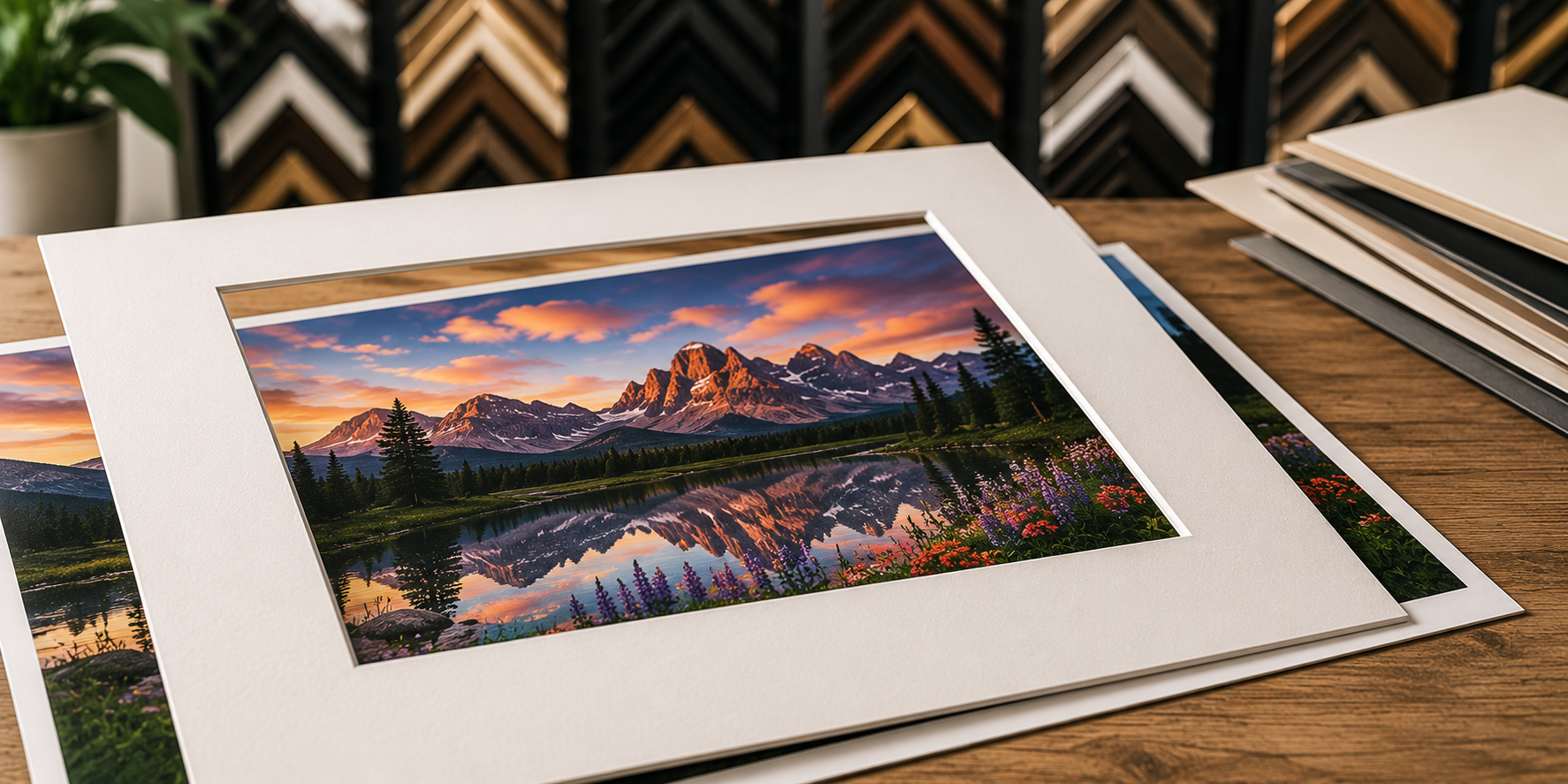 Landscape print of a mountain sunset matted in a cream archival mat, sitting on a wood worktop with stacked extra mat boards and framing moulding profiles in the background