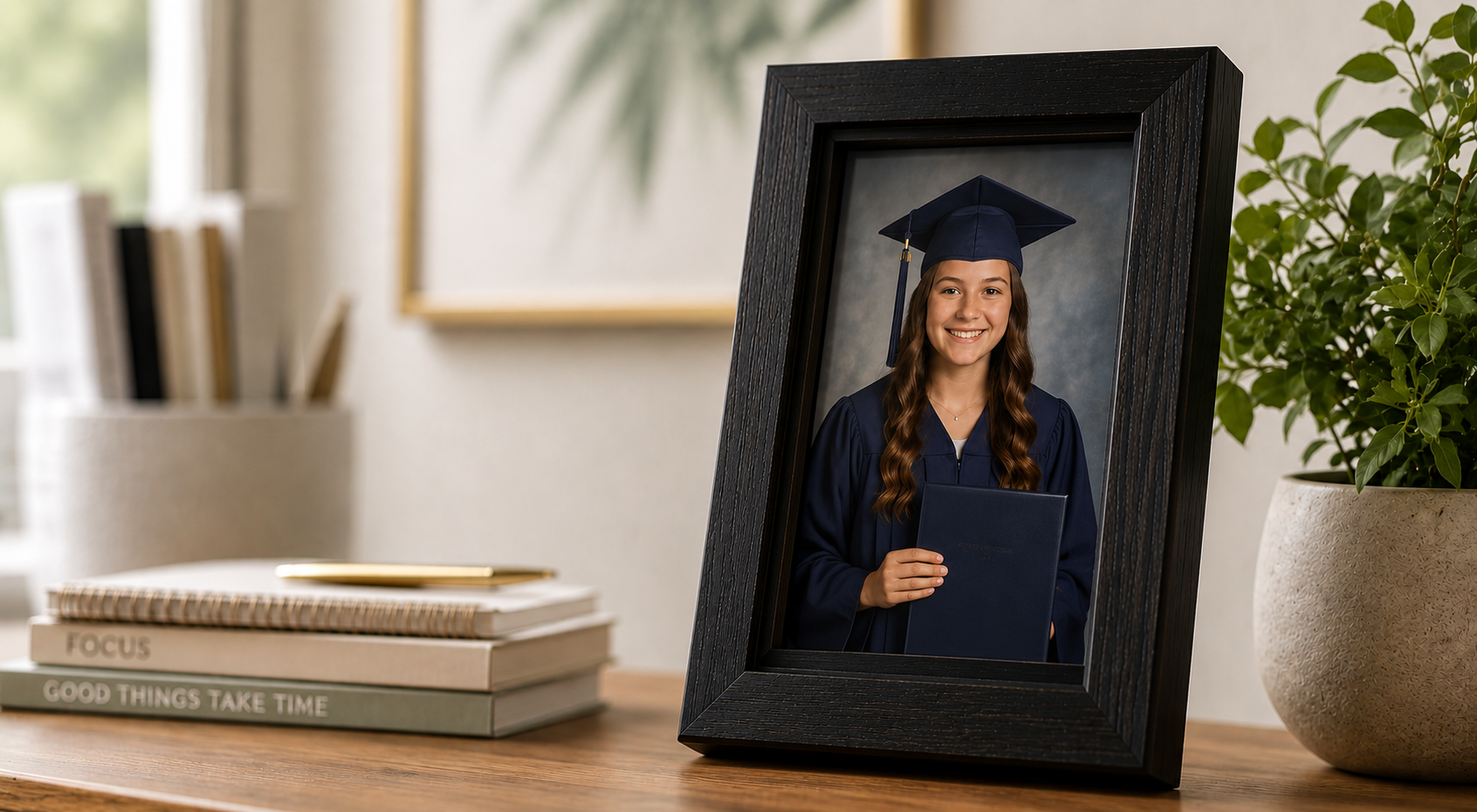 Vertical black wood picture frame on a warm wood desk displaying a portrait of a smiling middle-school graduate in a navy cap and gown holding her diploma, styled with stacked books and a potted plant in a softly lit home interior