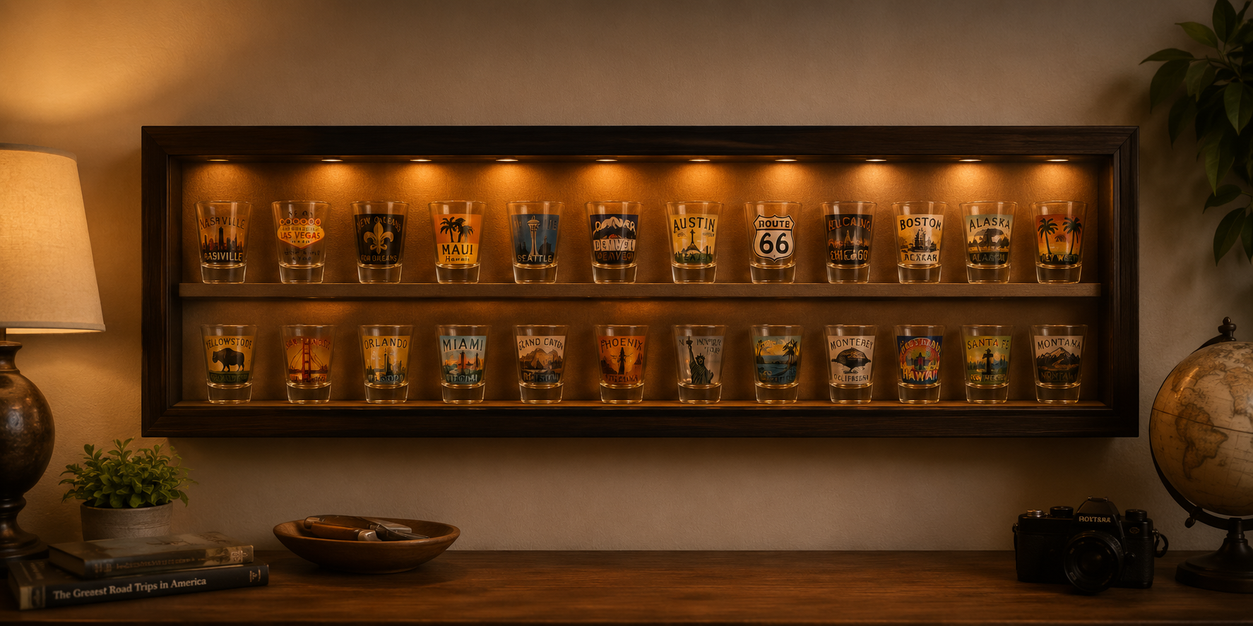 Long horizontal dark wood shadow box display case mounted above a console table, internally lit and holding two rows of souvenir shot glasses from travel destinations including Nashville, Las Vegas, Maui, Seattle, Denver, Austin, Route 66, Chicago, Boston, Alaska, Yellowstone, Orlando, Miami, Grand Canyon, Phoenix, New York, Montana, Santa Fe, and more, styled with a globe, camera, and travel books on the table below