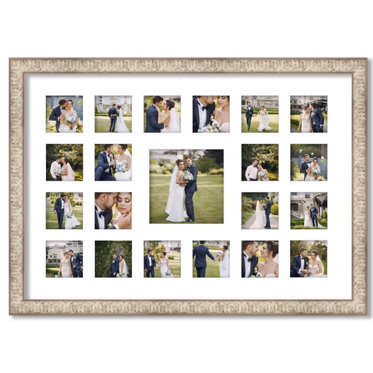 Ornate White Washed Wedding Photo Collage Frame for 21 Photos
